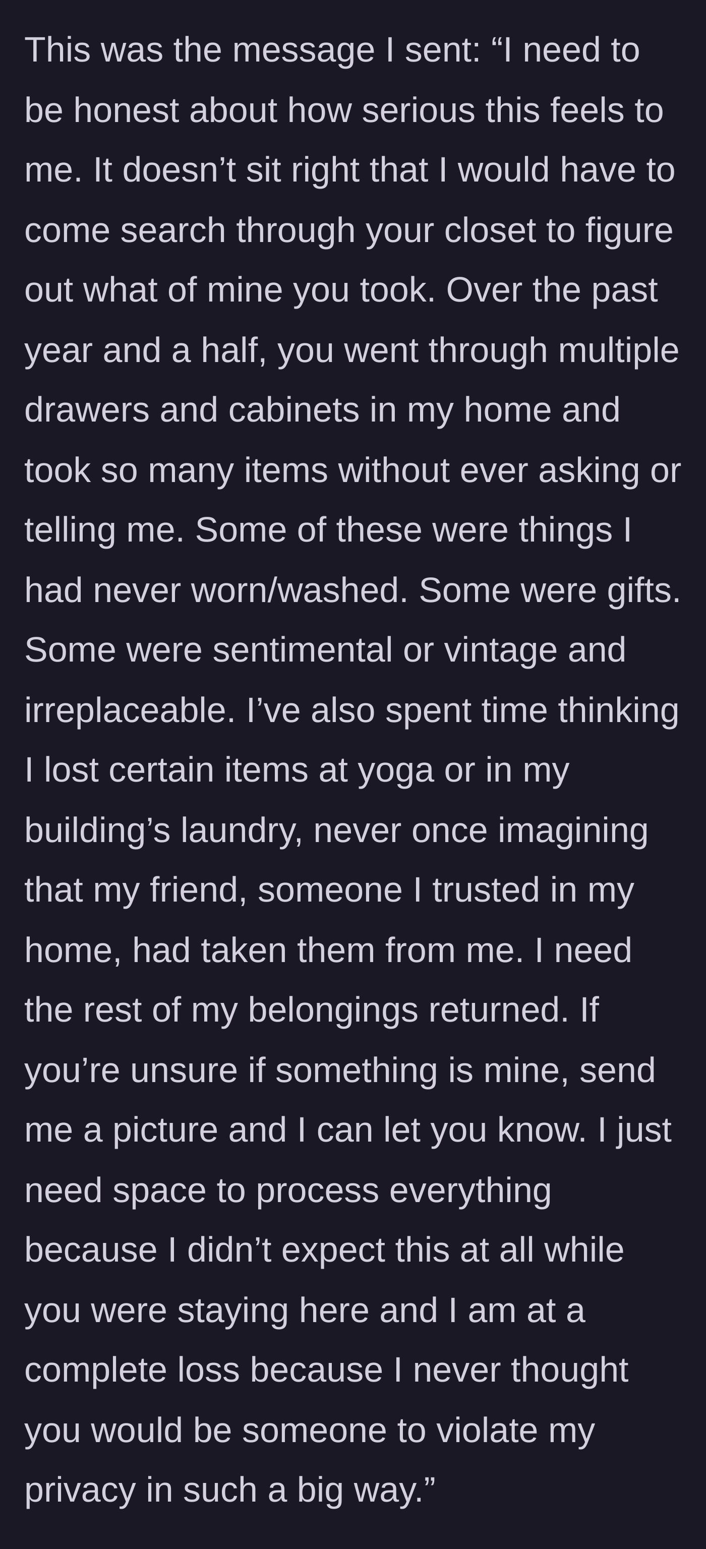 Story part 5 - The host sends a firm, carefully worded text message setting boundaries and expressing betrayal.
