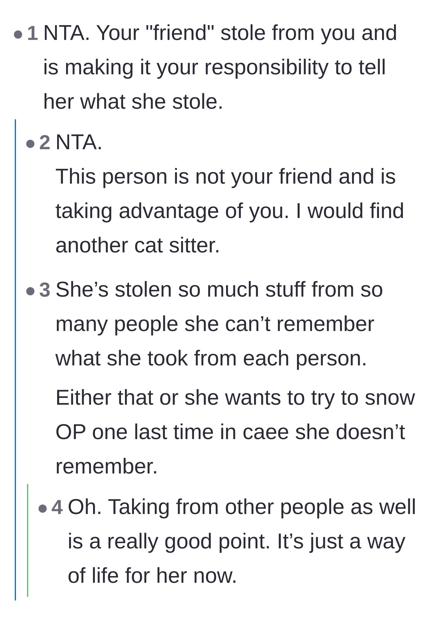 Comment thread 1 - Readers speculate that the sitter steals so frequently she has lost track of who owns what.