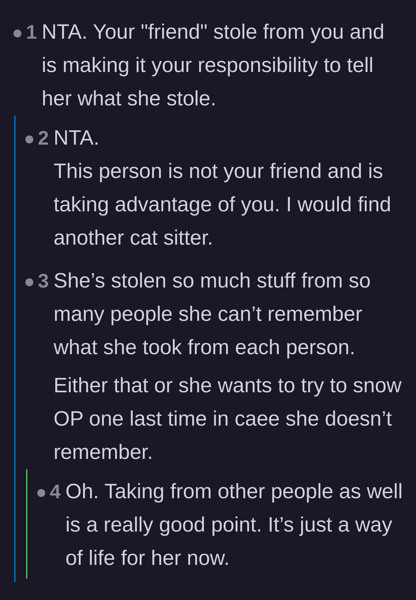 Comment thread 1 - Readers speculate that the sitter steals so frequently she has lost track of who owns what.