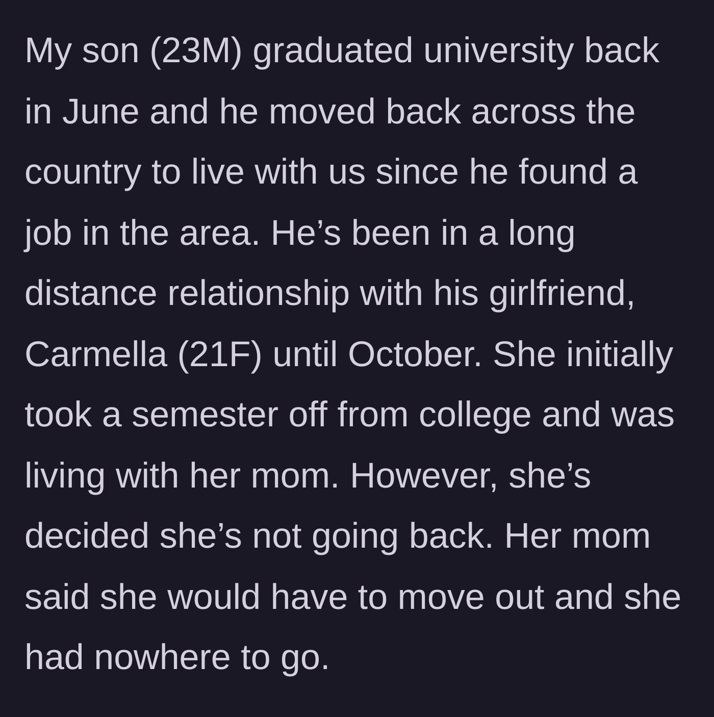 Story part 1 - Son moves back home after college, and his girlfriend, who recently dropped out of school and got kicked out by her own mom, desperately needs a place to stay.
