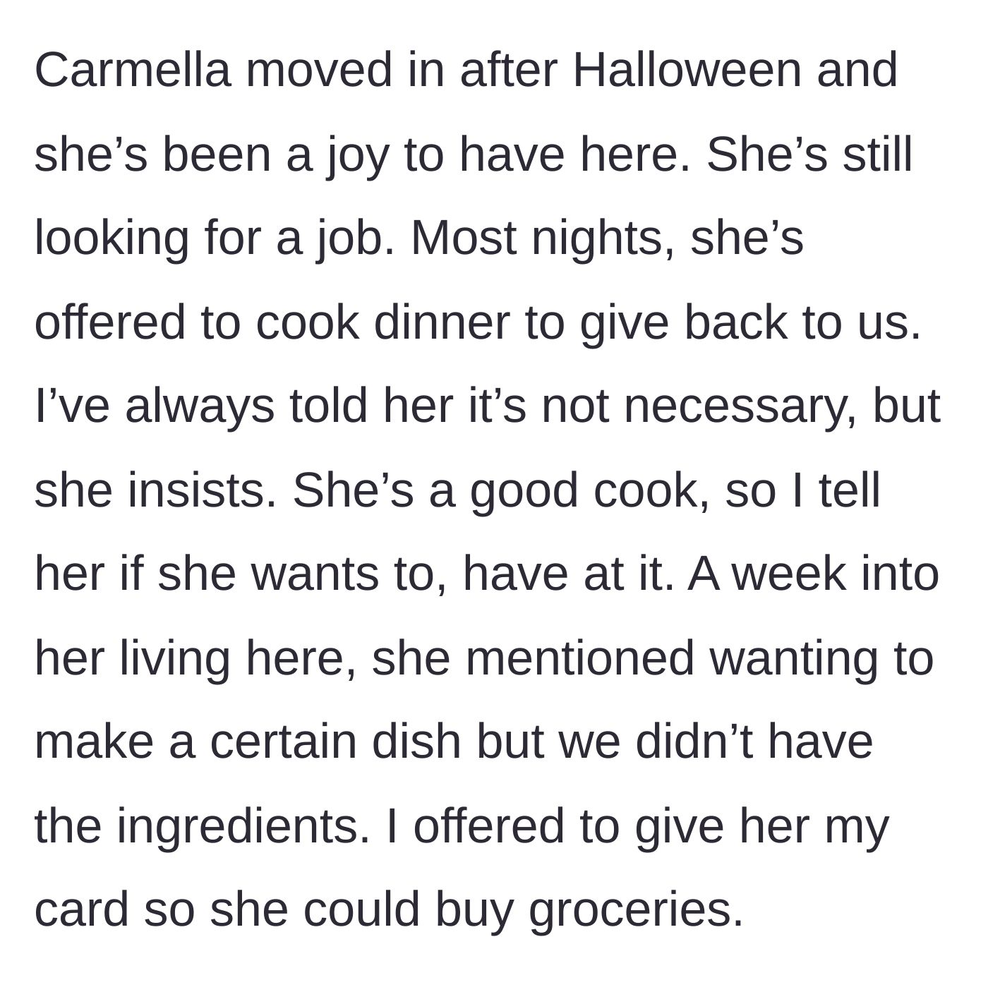 Story part 3 - Girlfriend starts cooking dinner to show appreciation, and the mom gives her a personal credit card to buy a few missing ingredients.
