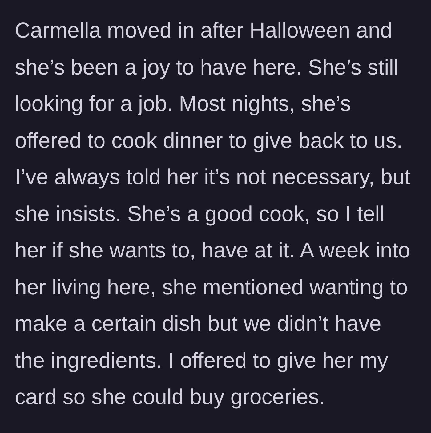 Story part 3 - Girlfriend starts cooking dinner to show appreciation, and the mom gives her a personal credit card to buy a few missing ingredients.