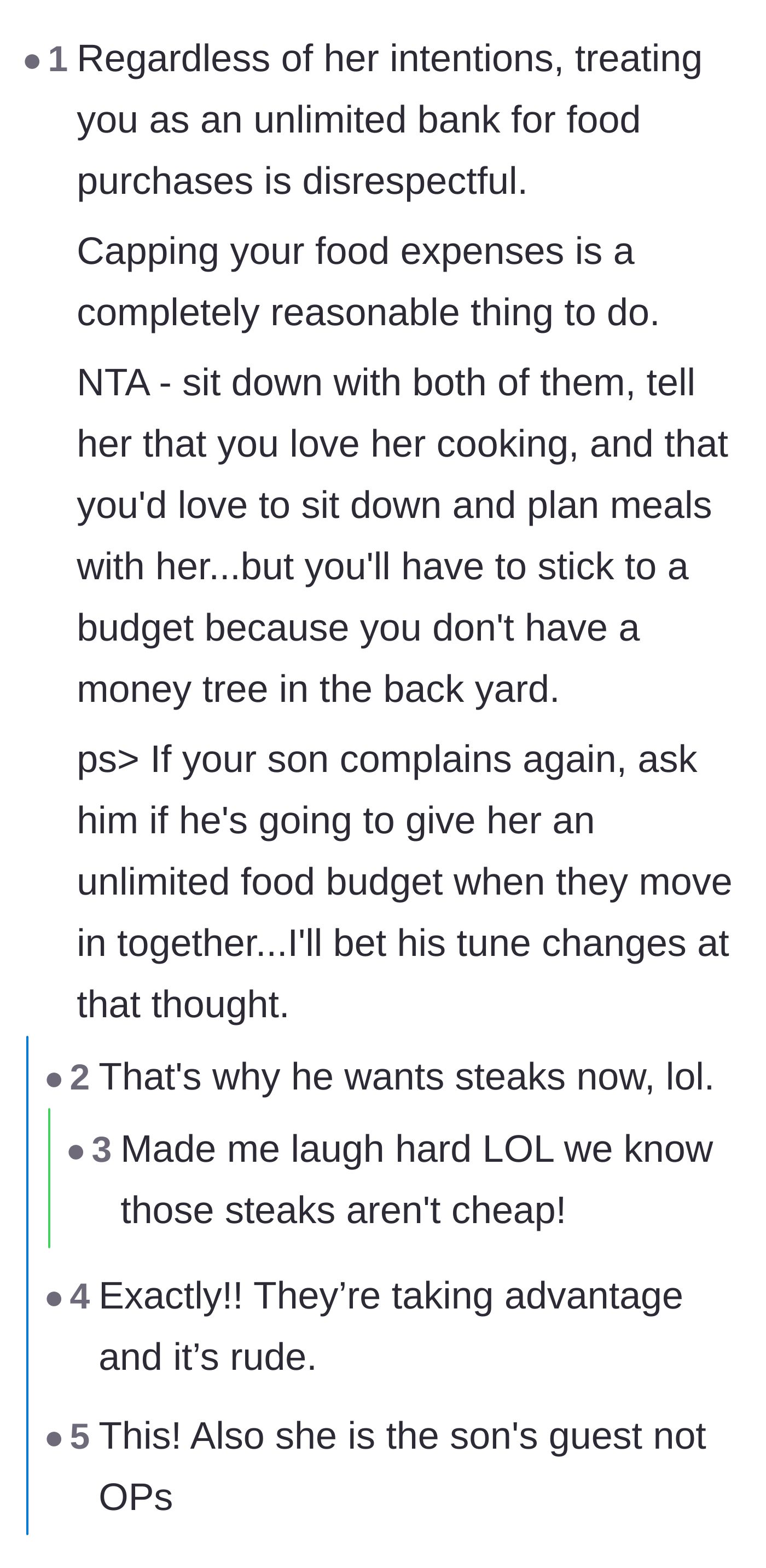 Comment thread 1 - Readers validating the mom's boundary and breaking down the harsh reality of grocery prices.