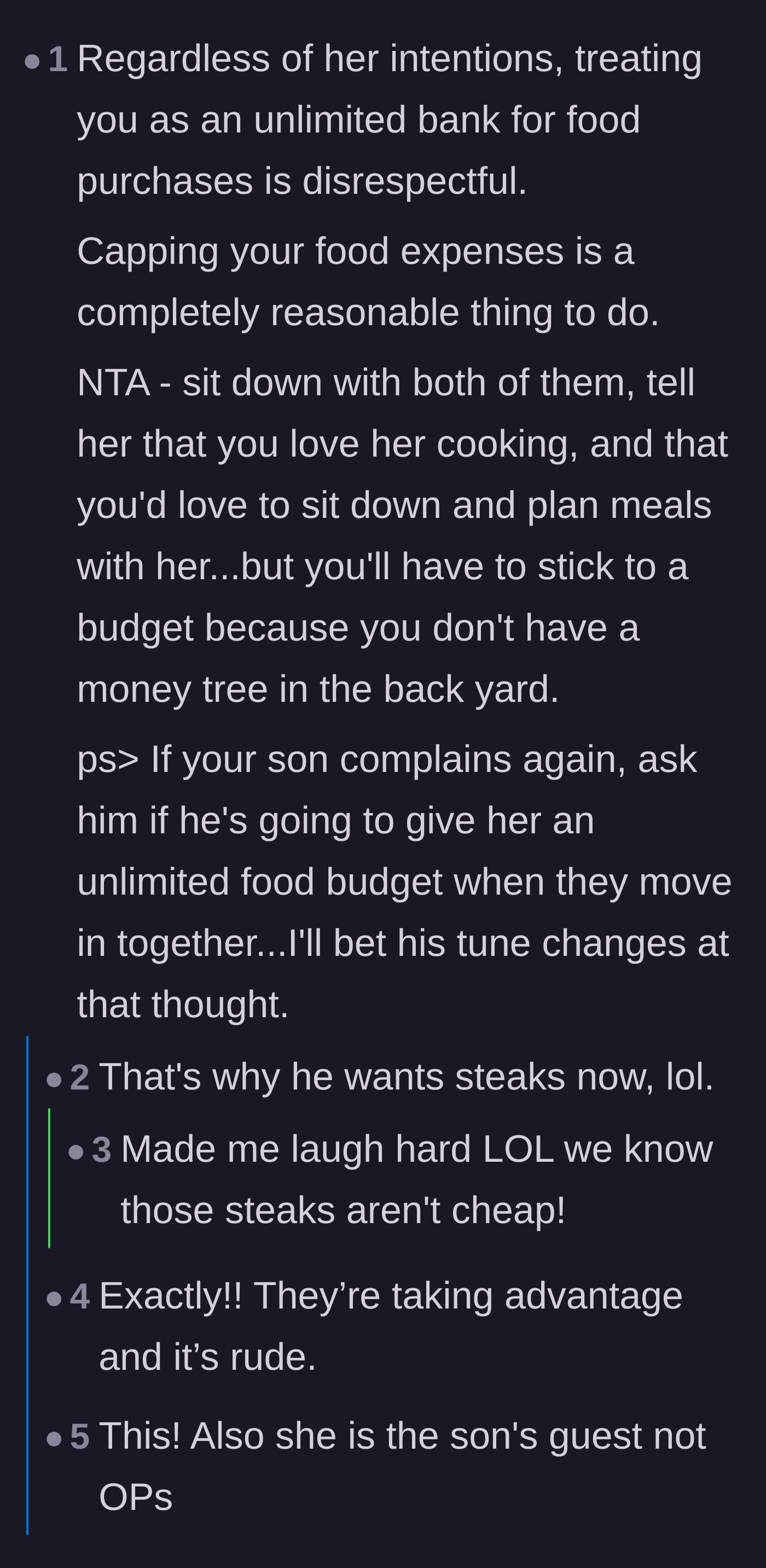 Comment thread 1 - Readers validating the mom's boundary and breaking down the harsh reality of grocery prices.