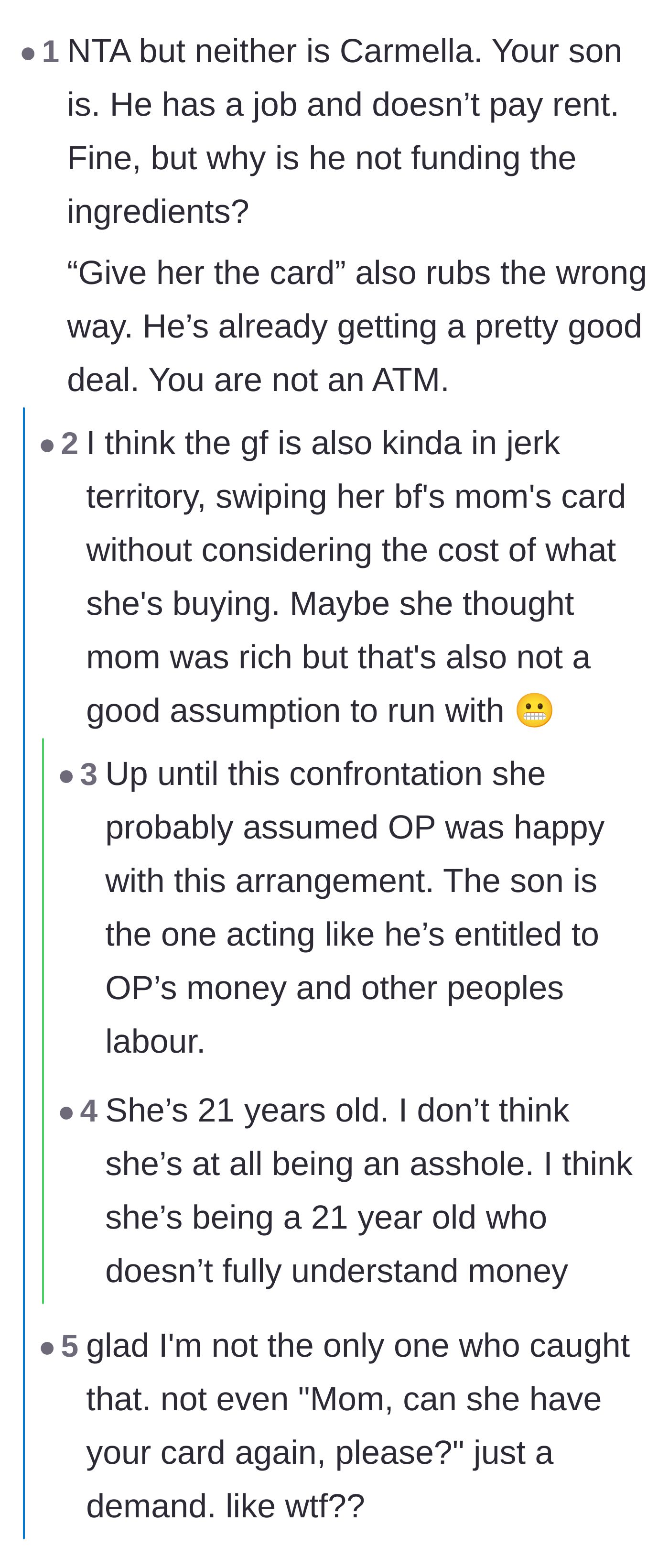 Comment thread 3 - Commenters pointing out that the son is the ultimate villain for demanding his mom hand over her credit card.