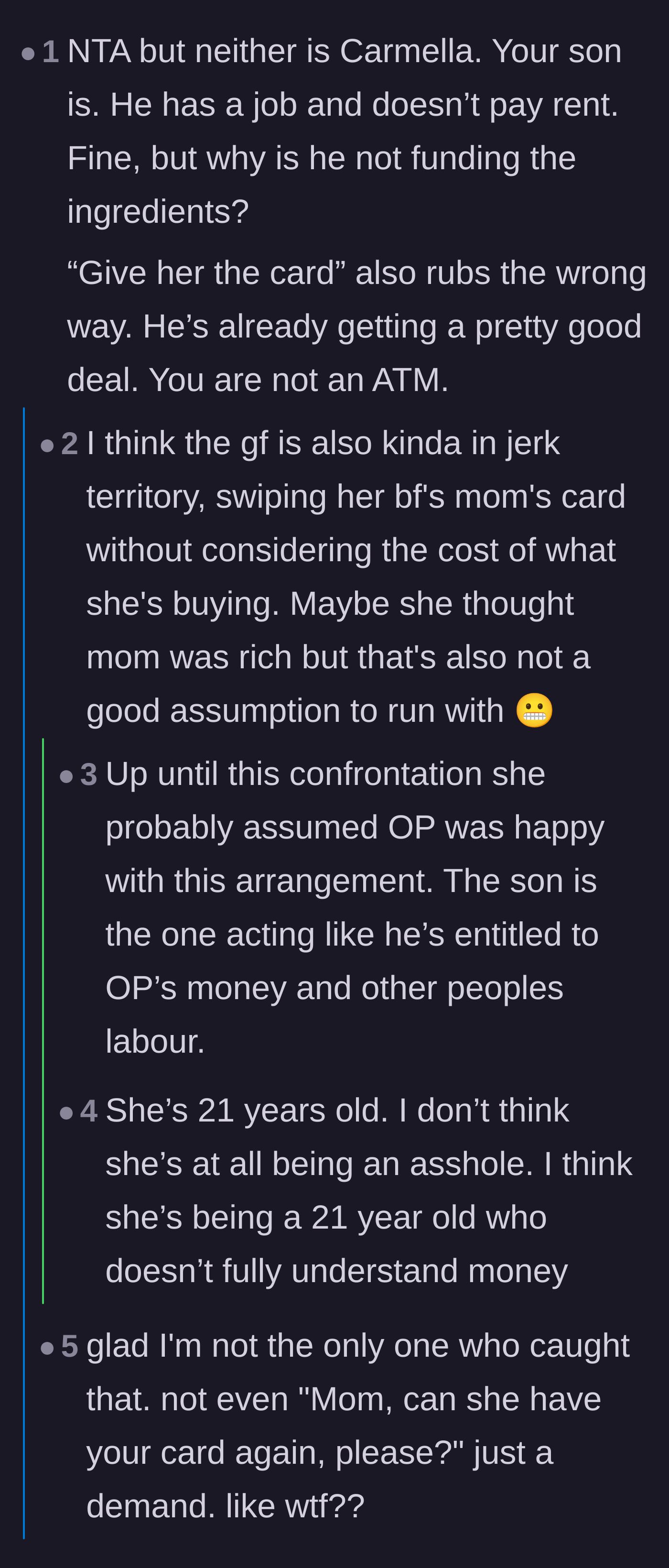 Comment thread 3 - Commenters pointing out that the son is the ultimate villain for demanding his mom hand over her credit card.