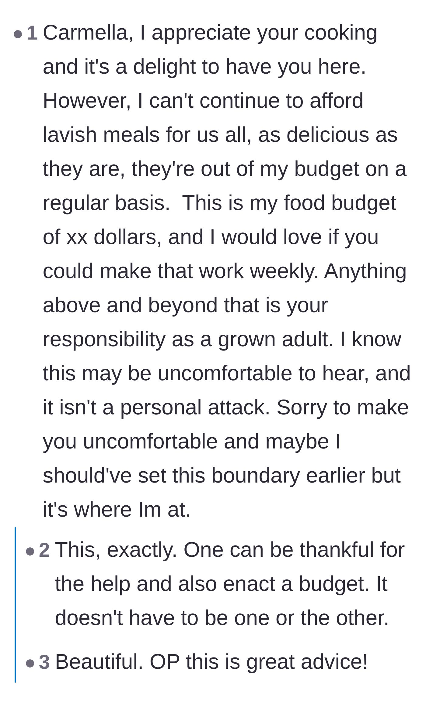 Comment thread 5 - A highly upvoted comment providing a mature, diplomatic script for how to set a firm grocery budget.