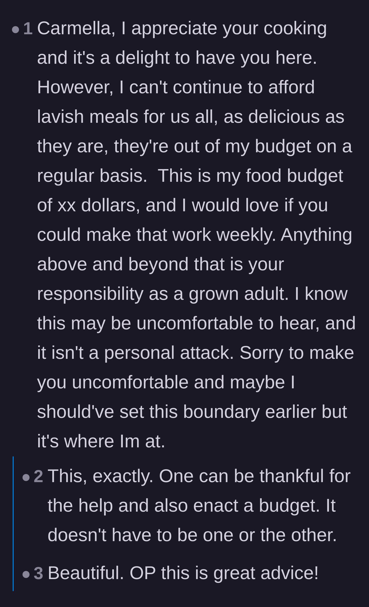 Comment thread 5 - A highly upvoted comment providing a mature, diplomatic script for how to set a firm grocery budget.