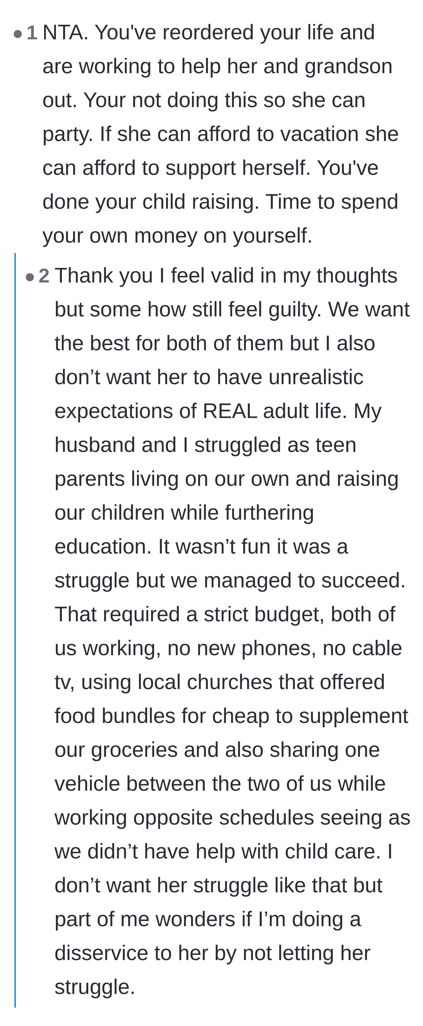 Comment thread 2 - An exchange about how the parents' desire to protect their daughter from their own past financial struggles has accidentally turned into harmful enabling.