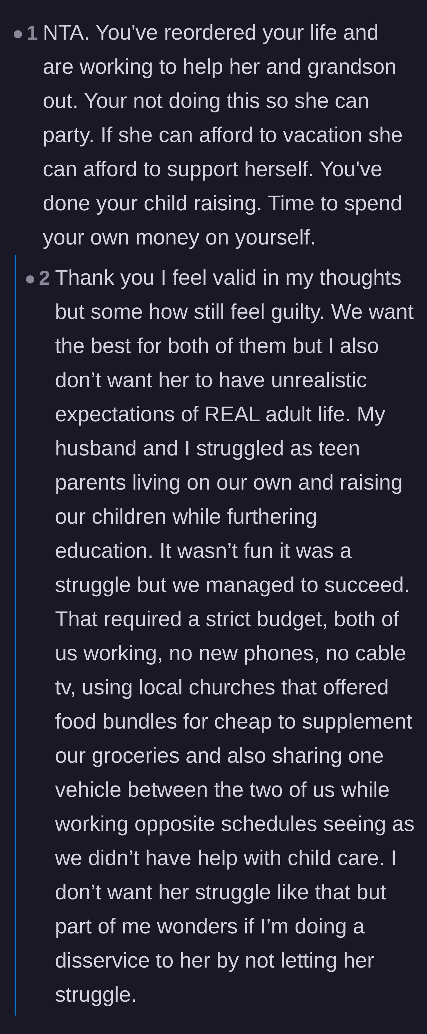 Comment thread 2 - An exchange about how the parents' desire to protect their daughter from their own past financial struggles has accidentally turned into harmful enabling.