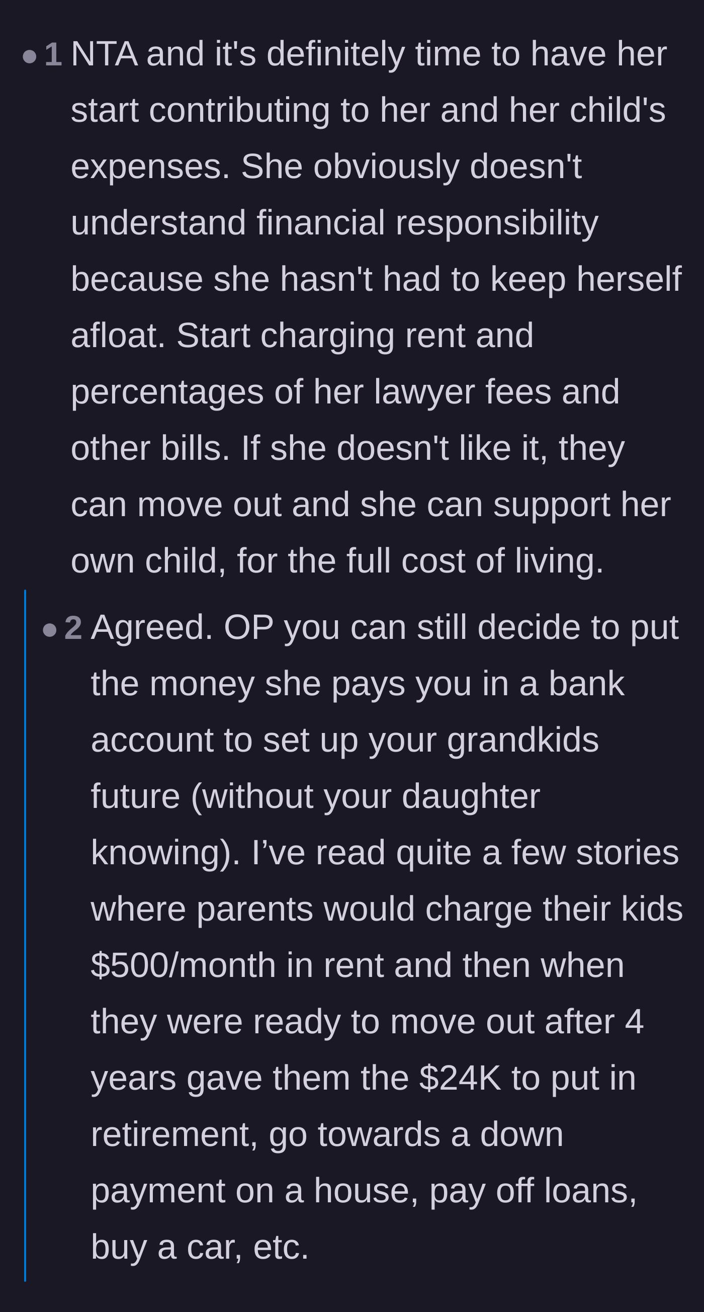 Comment thread 3 - Commenters suggest strategically charging the daughter rent and secretly putting it into a savings account to force her to learn responsibility.