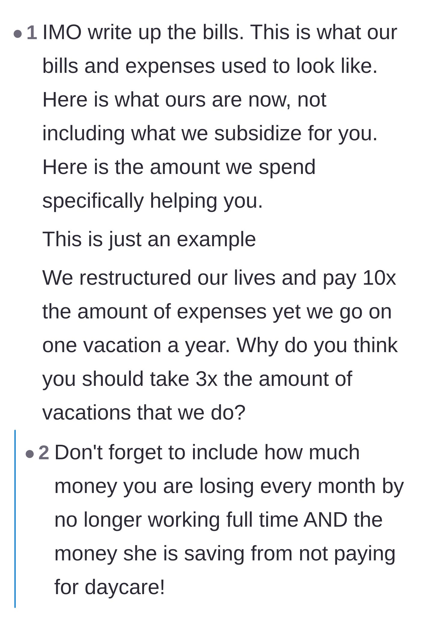 Comment thread 4 - Advice on sitting the daughter down with a detailed spreadsheet to show her exactly how much her sheltered lifestyle is costing the family.