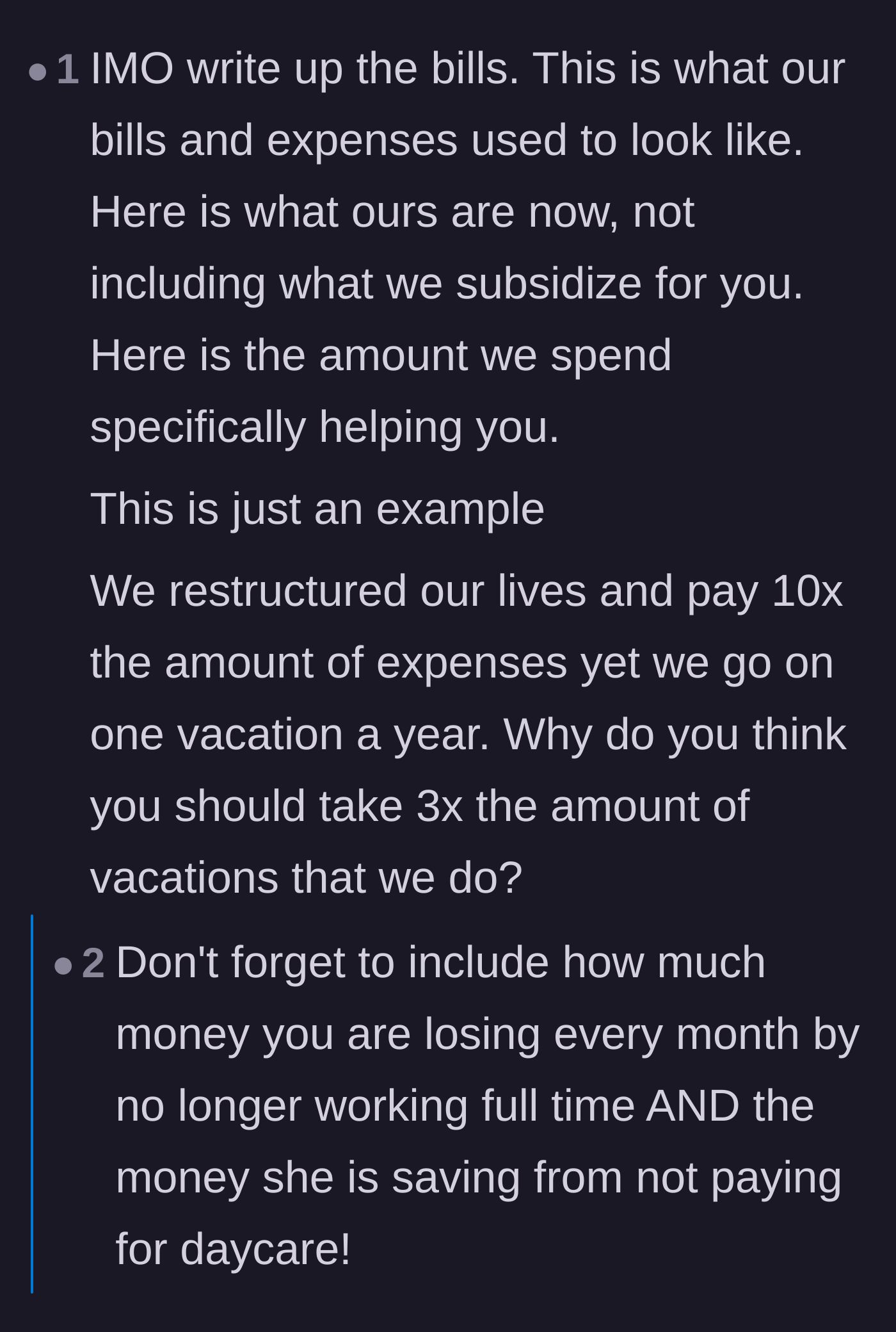 Comment thread 4 - Advice on sitting the daughter down with a detailed spreadsheet to show her exactly how much her sheltered lifestyle is costing the family.