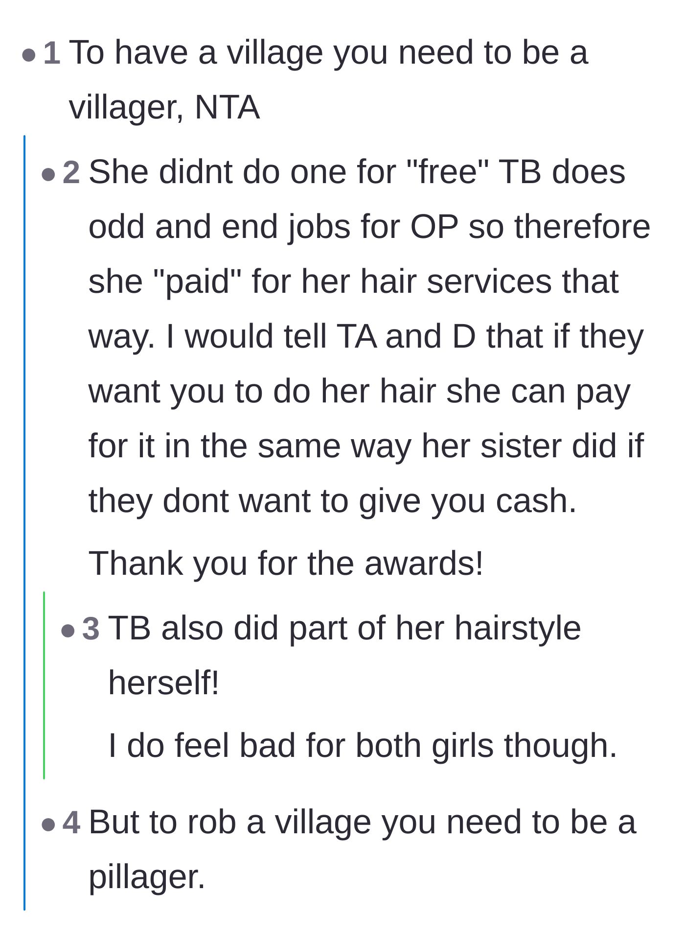 Comment thread 1 - Discussion on how the first twin paid for her hair with chores and community contribution
