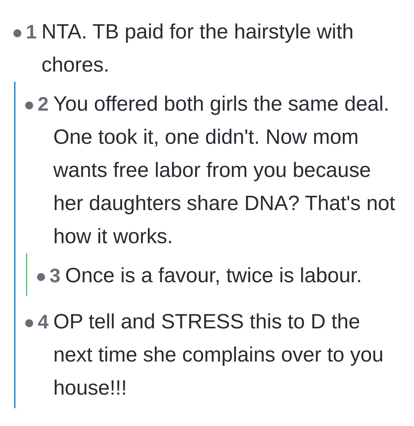 Comment thread 2 - Agreement that the twin who received the hairstyle earned it through effort, despite shared DNA