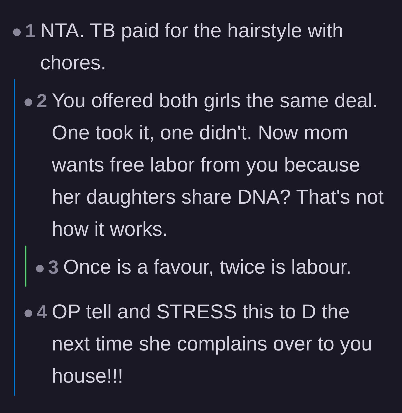 Comment thread 2 - Agreement that the twin who received the hairstyle earned it through effort, despite shared DNA