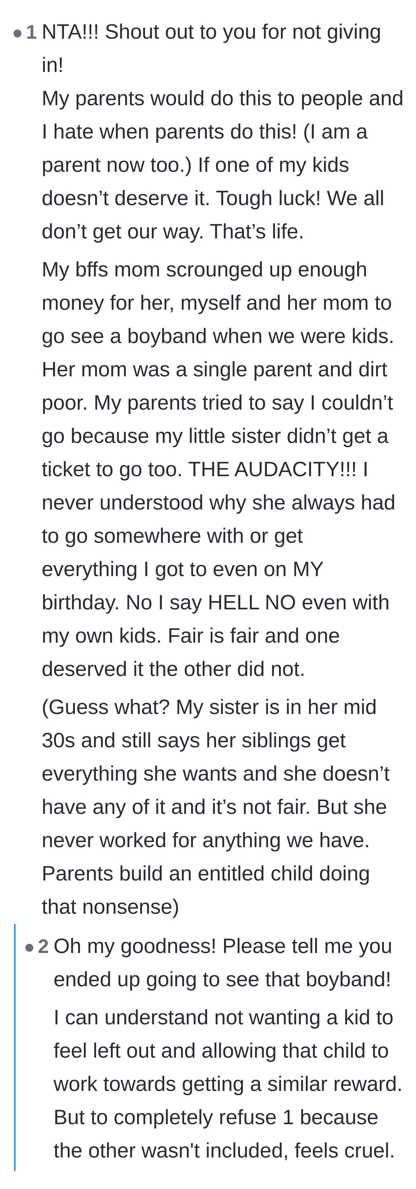 Comment thread 5 - A personal story from a commenter about how forcing equal rewards on siblings breeds resentment