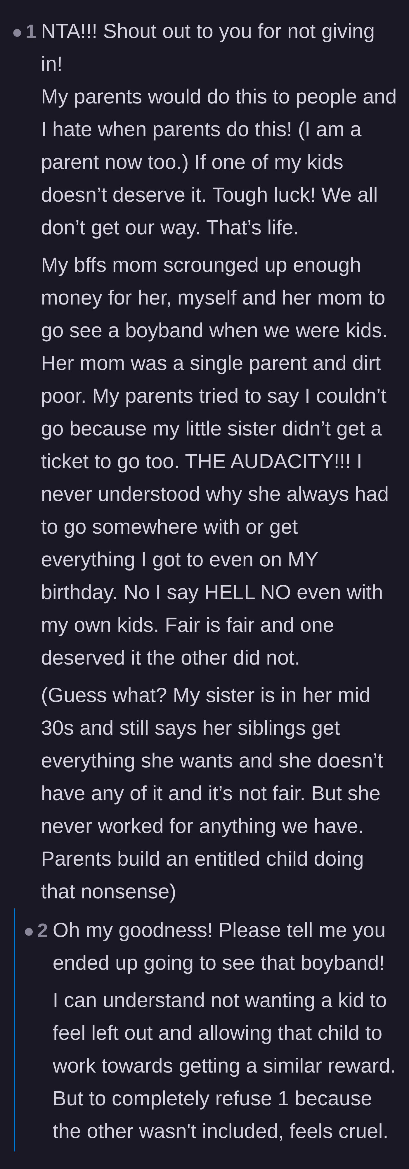 Comment thread 5 - A personal story from a commenter about how forcing equal rewards on siblings breeds resentment