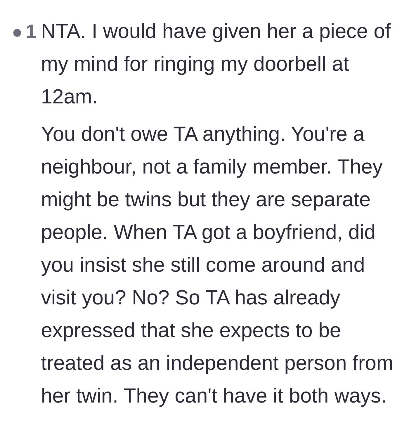 Comment thread 6 - Comments pointing out that the neighbor has no familial obligation to the demanding mother