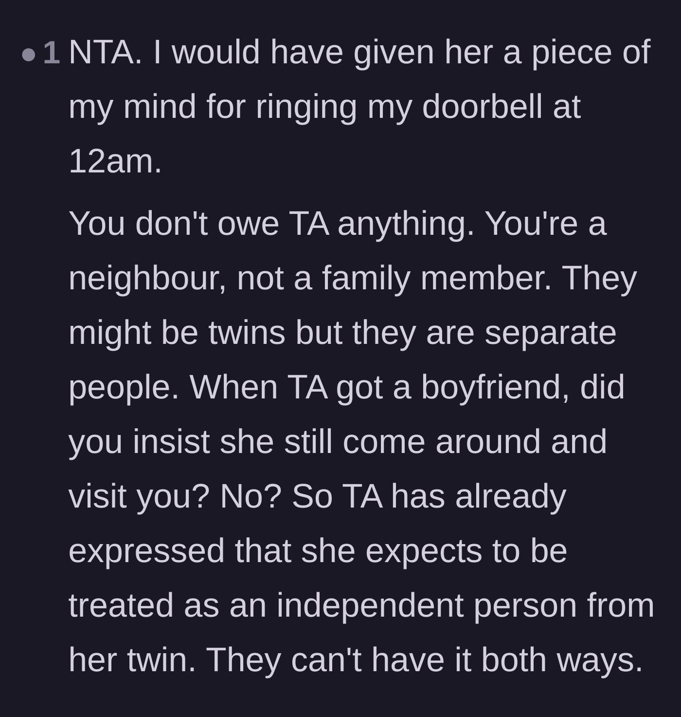 Comment thread 6 - Comments pointing out that the neighbor has no familial obligation to the demanding mother