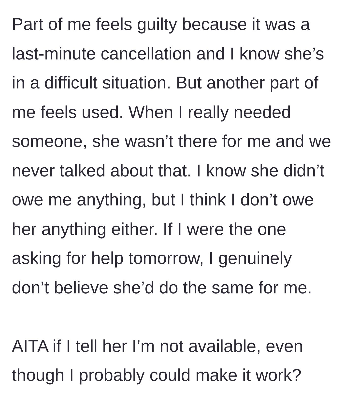 Story part 4 - A person looks conflicted, weighing their own feelings of guilt against the memory of being abandoned during a crisis.
