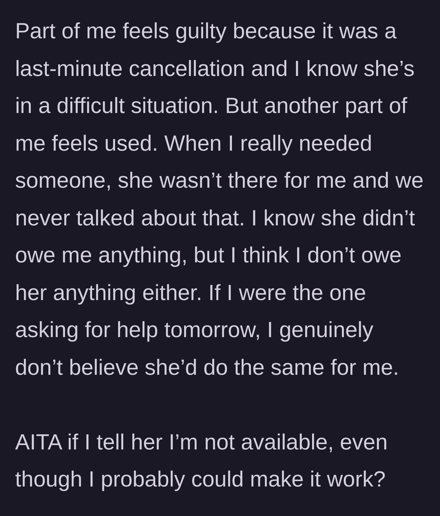 Story part 4 - A person looks conflicted, weighing their own feelings of guilt against the memory of being abandoned during a crisis.