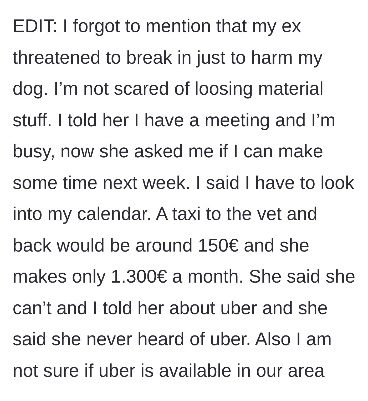 Story part 5 - A text message exchange where the neighbor tries to secure a future favor to avoid paying an expensive taxi fare.