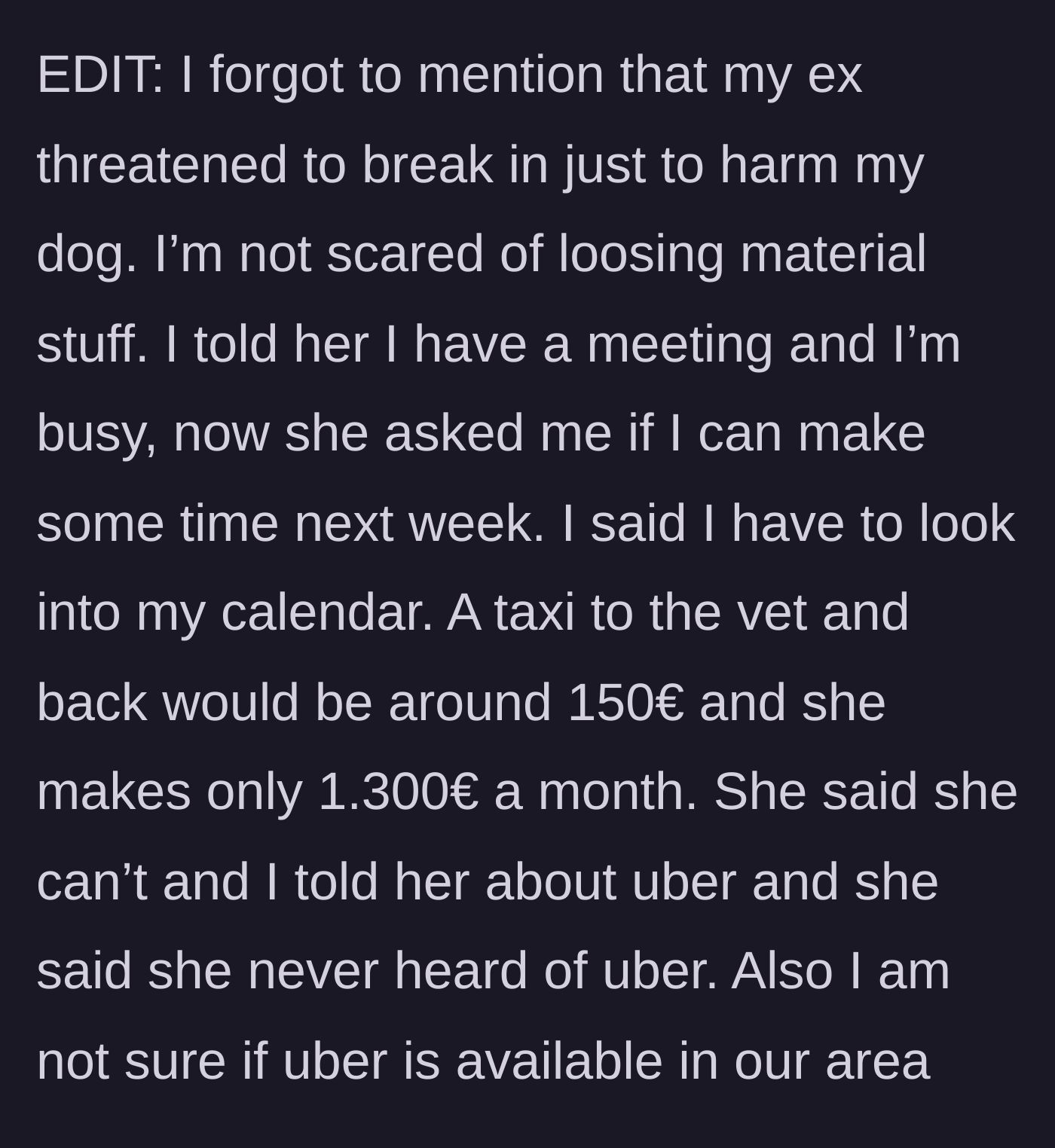 Story part 5 - A text message exchange where the neighbor tries to secure a future favor to avoid paying an expensive taxi fare.