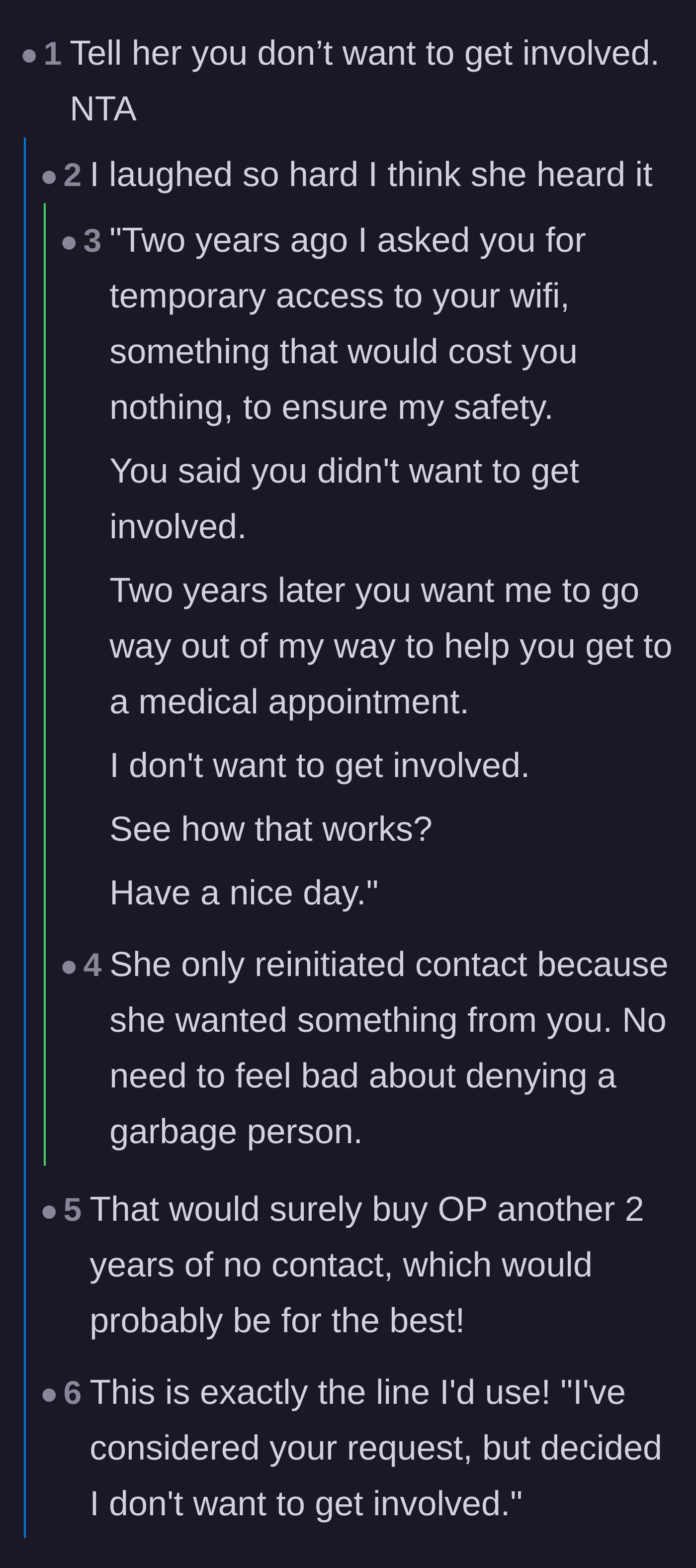 Comment thread 1 - Readers suggest throwing the neighbor's exact words of refusal right back at her.