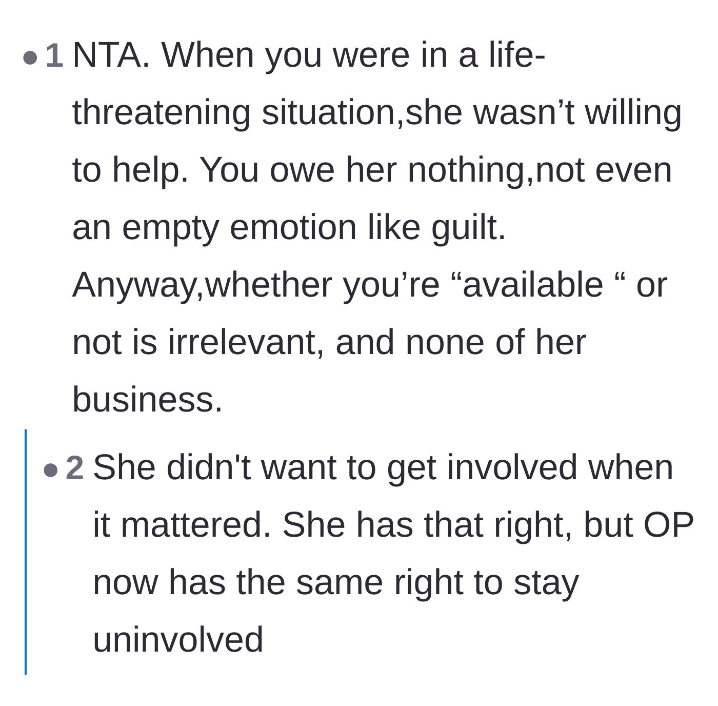 Comment thread 2 - A discussion contrasting the life-threatening nature of the main character's emergency with the neighbor's minor inconvenience.