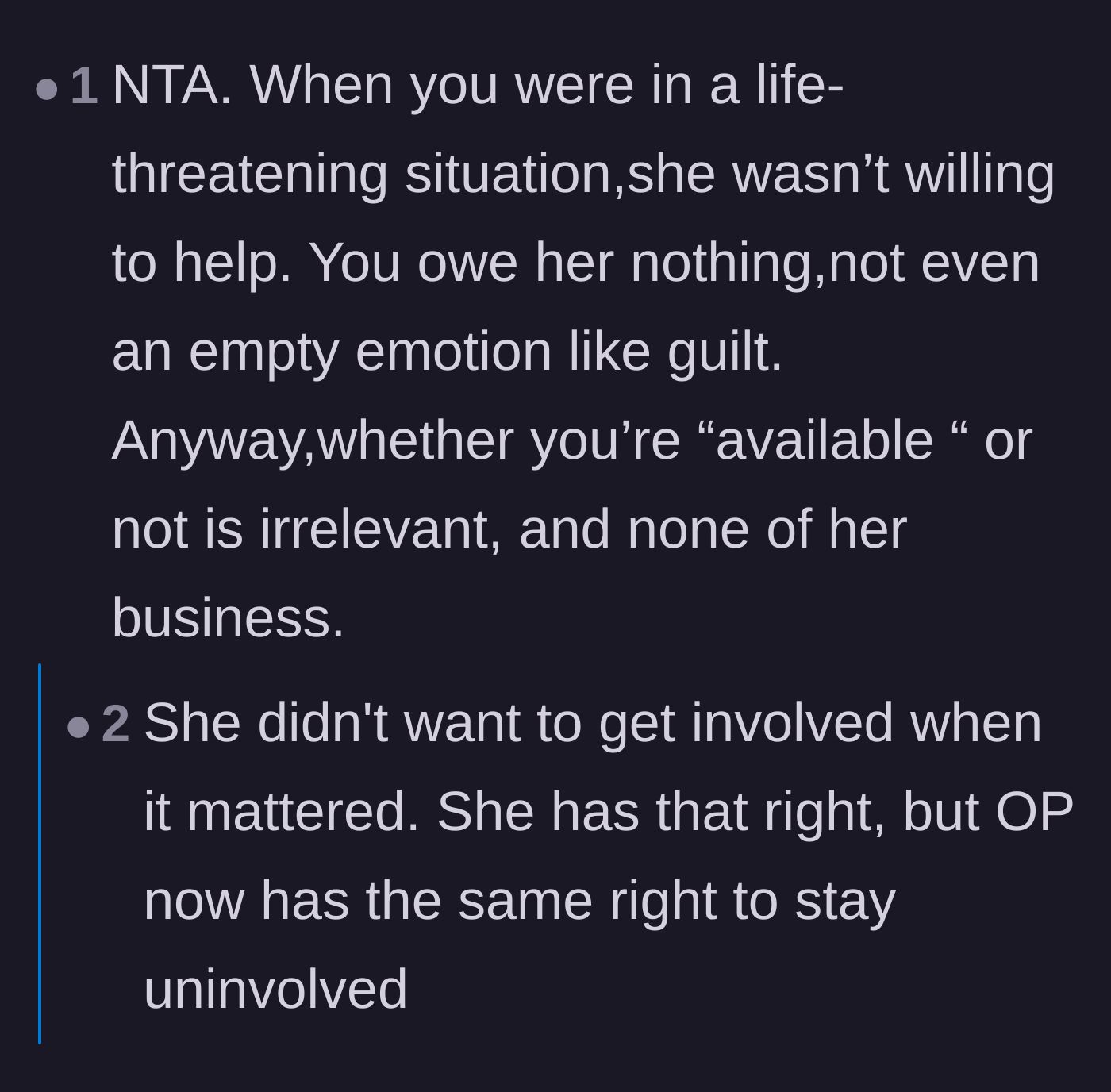 Comment thread 2 - A discussion contrasting the life-threatening nature of the main character's emergency with the neighbor's minor inconvenience.