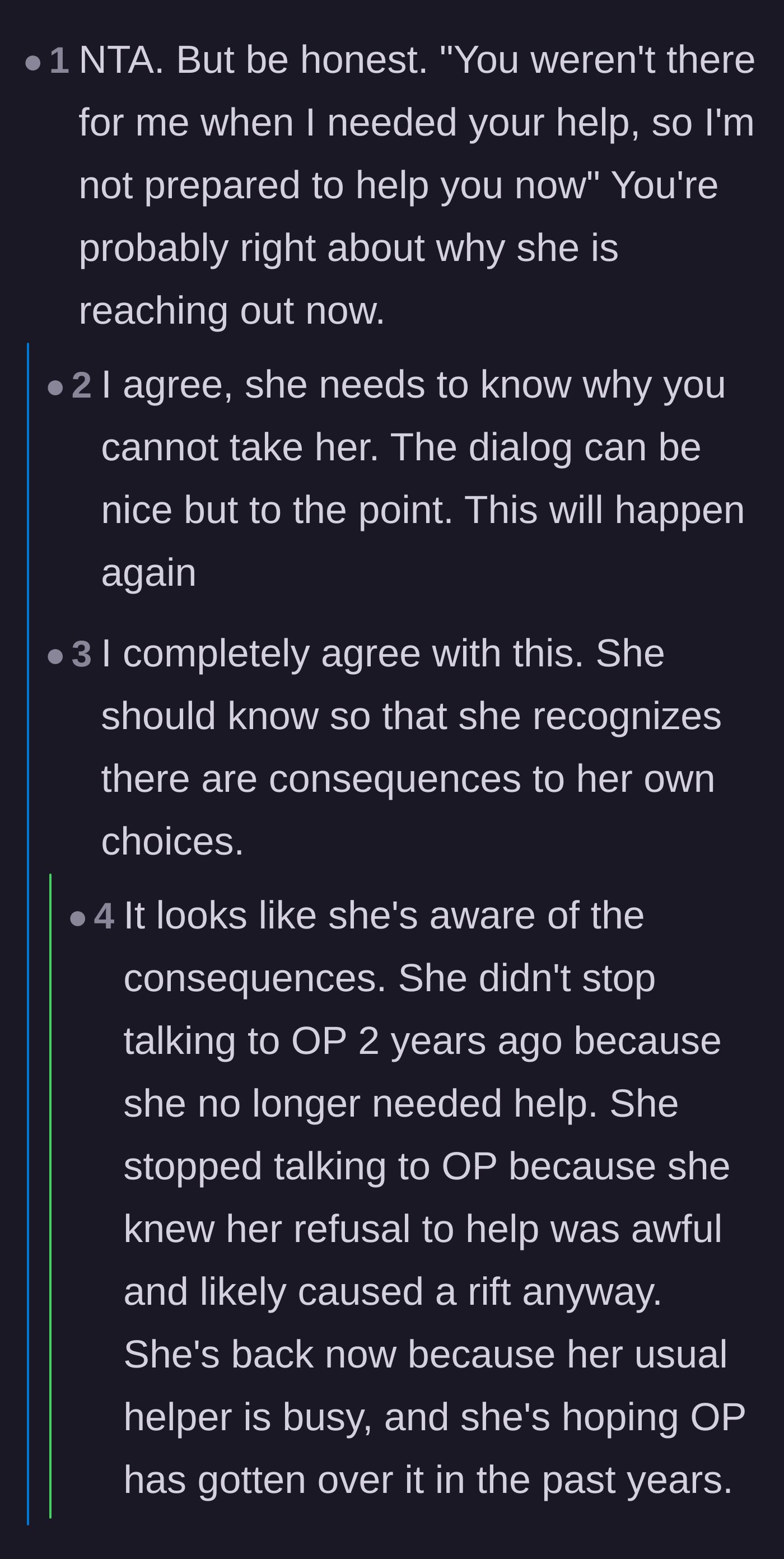 Comment thread 3 - Commenters advocate for brutal honesty to ensure the neighbor understands exactly why she is being denied.