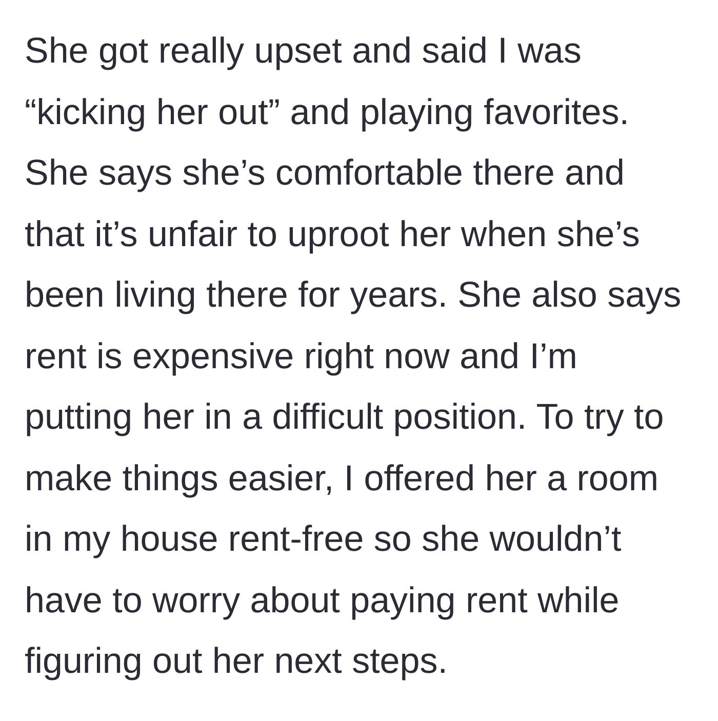 Story part 4 - Eldest daughter accuses parent of kicking her out, playing favorites, and complaining about expensive rent; parent offers free room in main house.