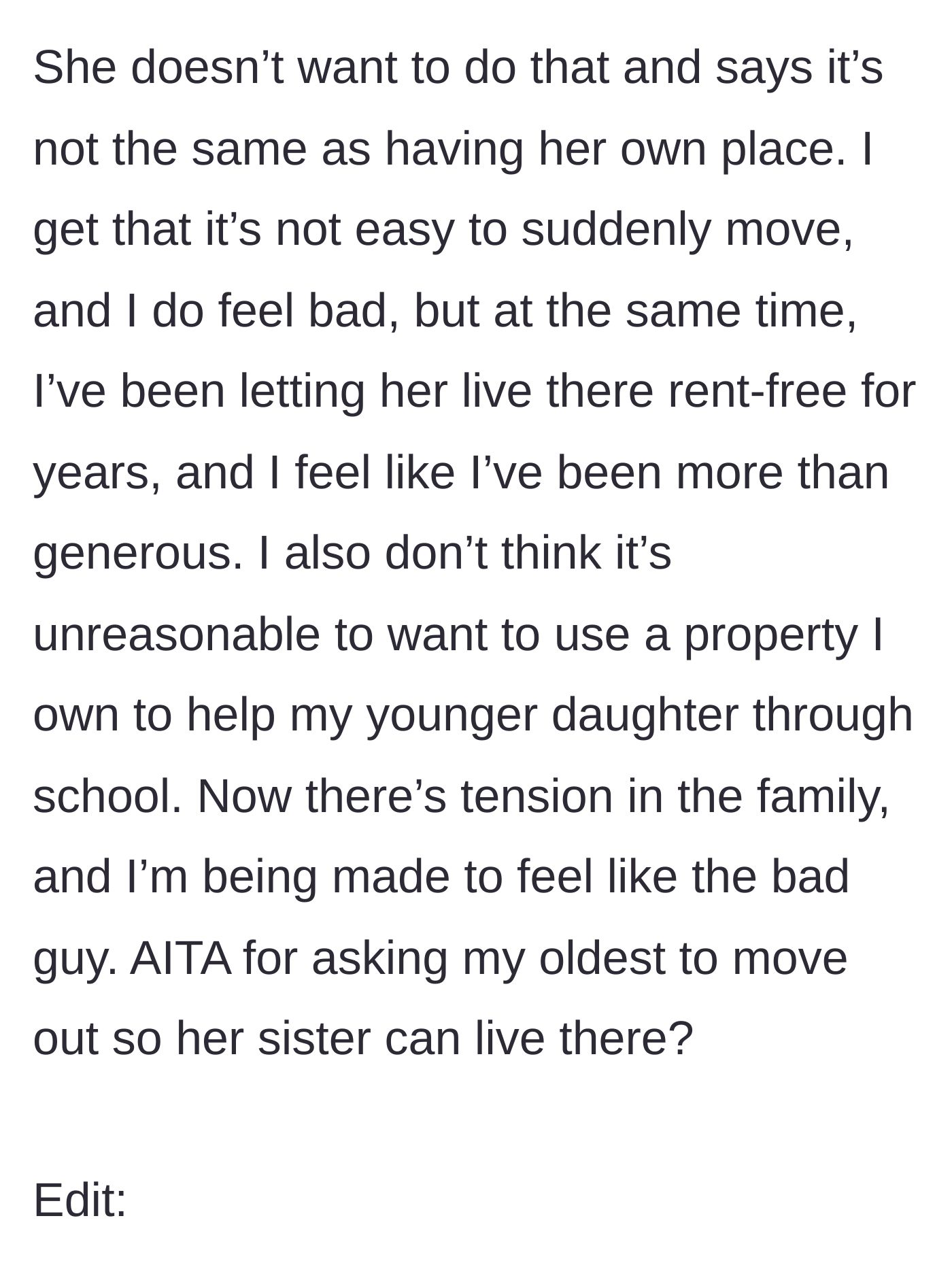 Story part 5 - Eldest daughter refuses the free room because she wants her own place, making the parent feel guilty.