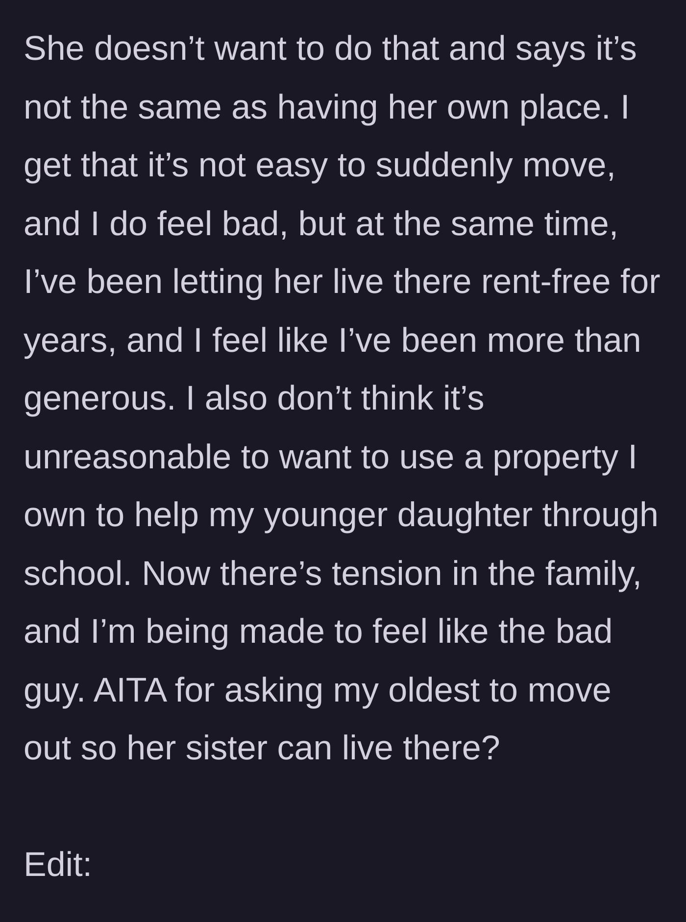 Story part 5 - Eldest daughter refuses the free room because she wants her own place, making the parent feel guilty.