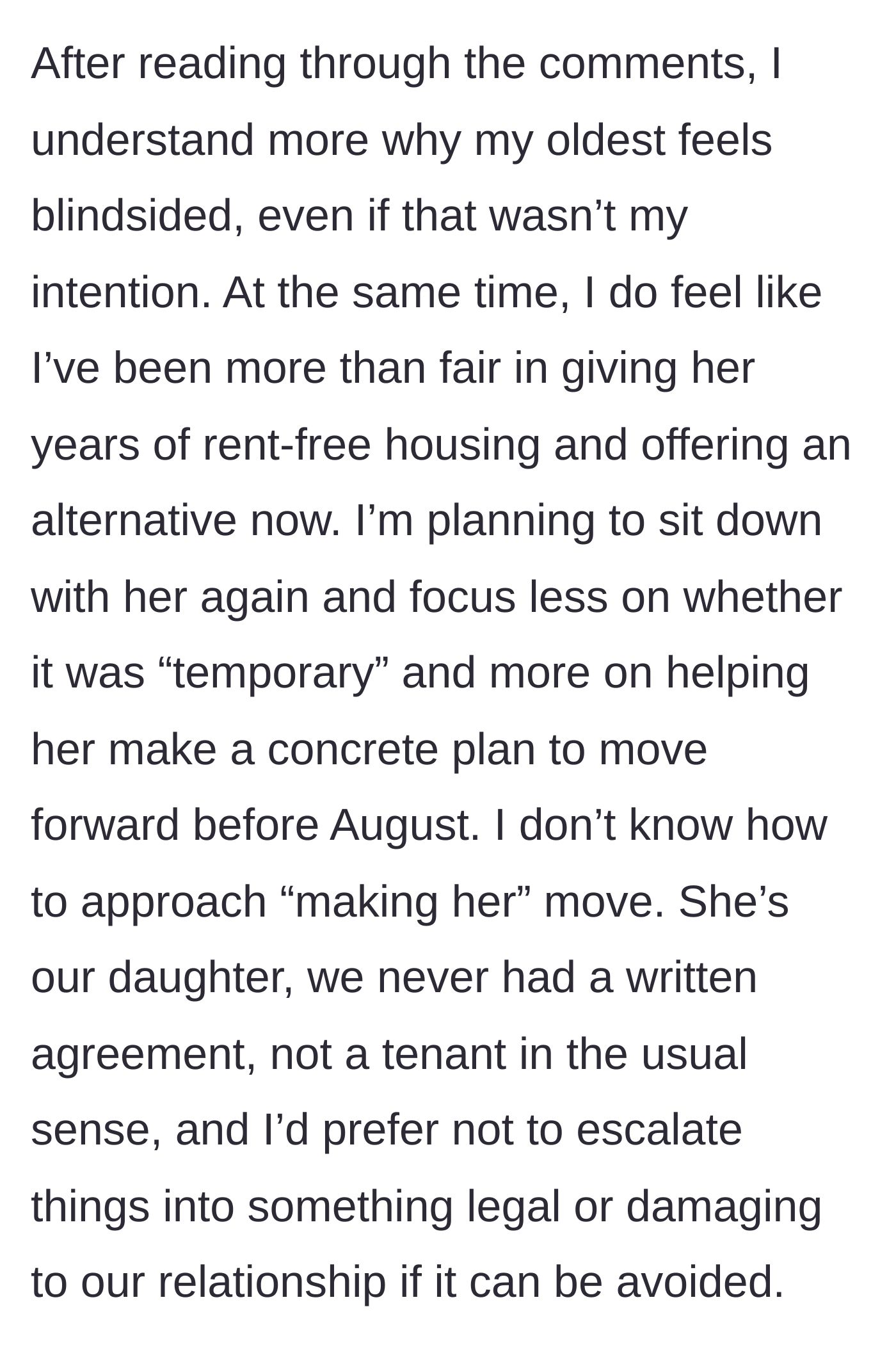 Story part 9 - Parent plans to sit down with the daughter to make a concrete moving plan but wants to avoid a legal eviction.