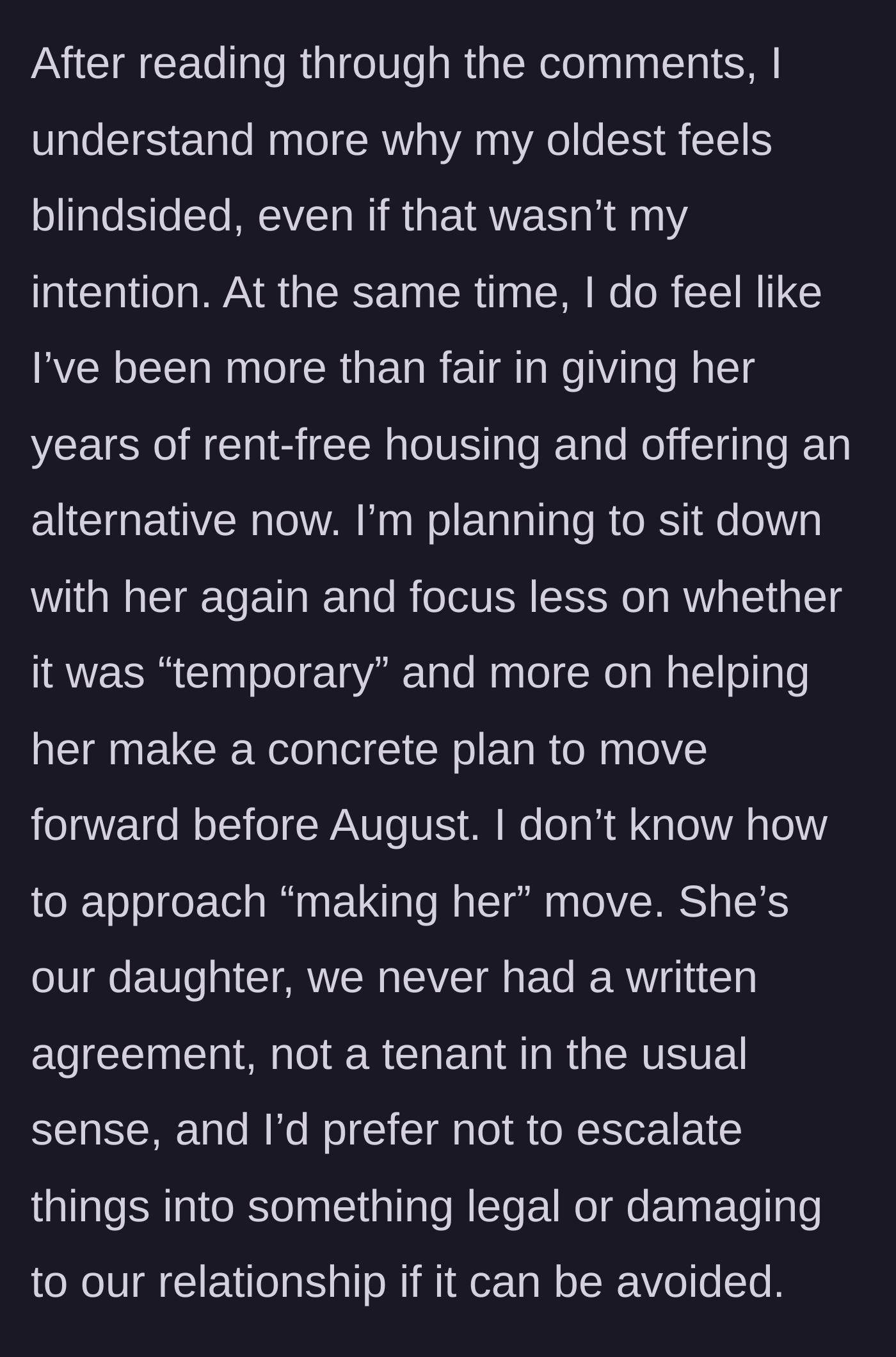 Story part 9 - Parent plans to sit down with the daughter to make a concrete moving plan but wants to avoid a legal eviction.