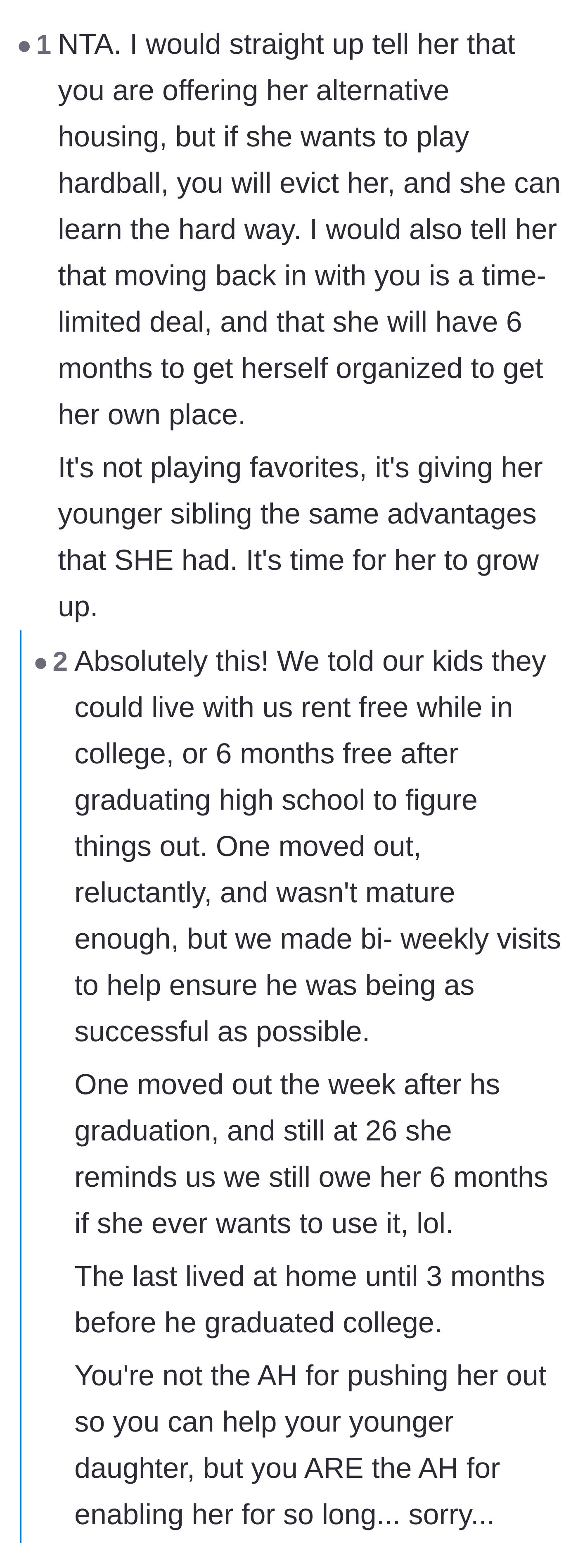 Comment thread 1 - Advice on using tough love and recognizing the parent's role in enabling the daughter's entitlement