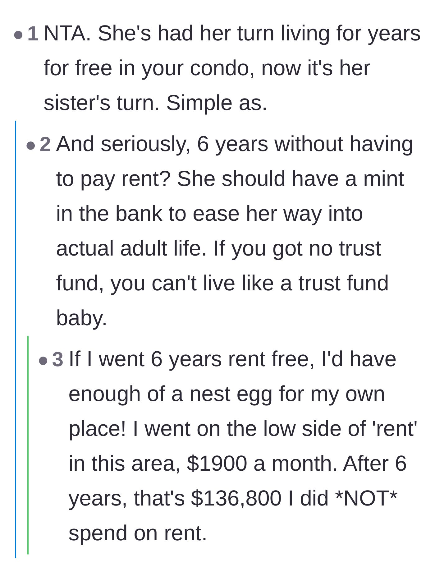 Comment thread 4 - Discussion calculating the massive amount of money the oldest daughter should have saved from not paying rent