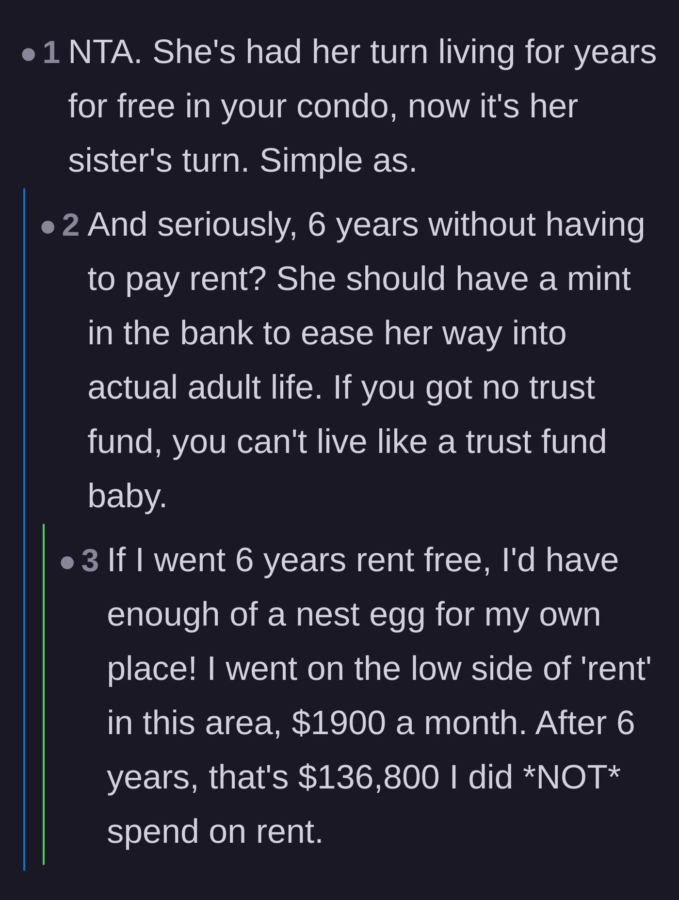 Comment thread 4 - Discussion calculating the massive amount of money the oldest daughter should have saved from not paying rent