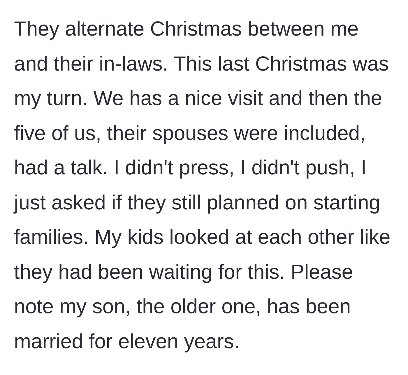 Story part 2 - A Christmas gathering where the father gently asks his children about their family planning timelines.