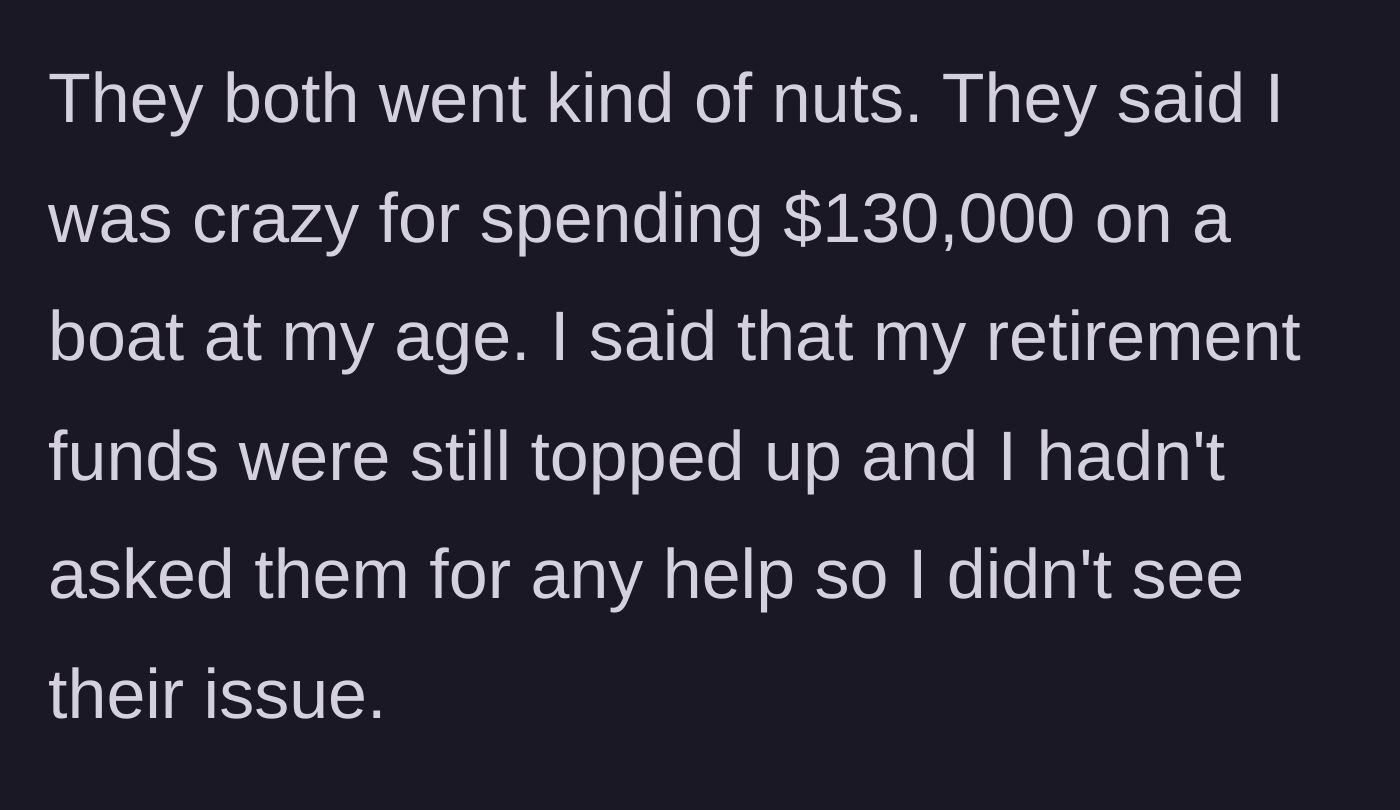 Story part 7 - The children throwing a tantrum over the price tag, claiming he is too old to spend that much money.