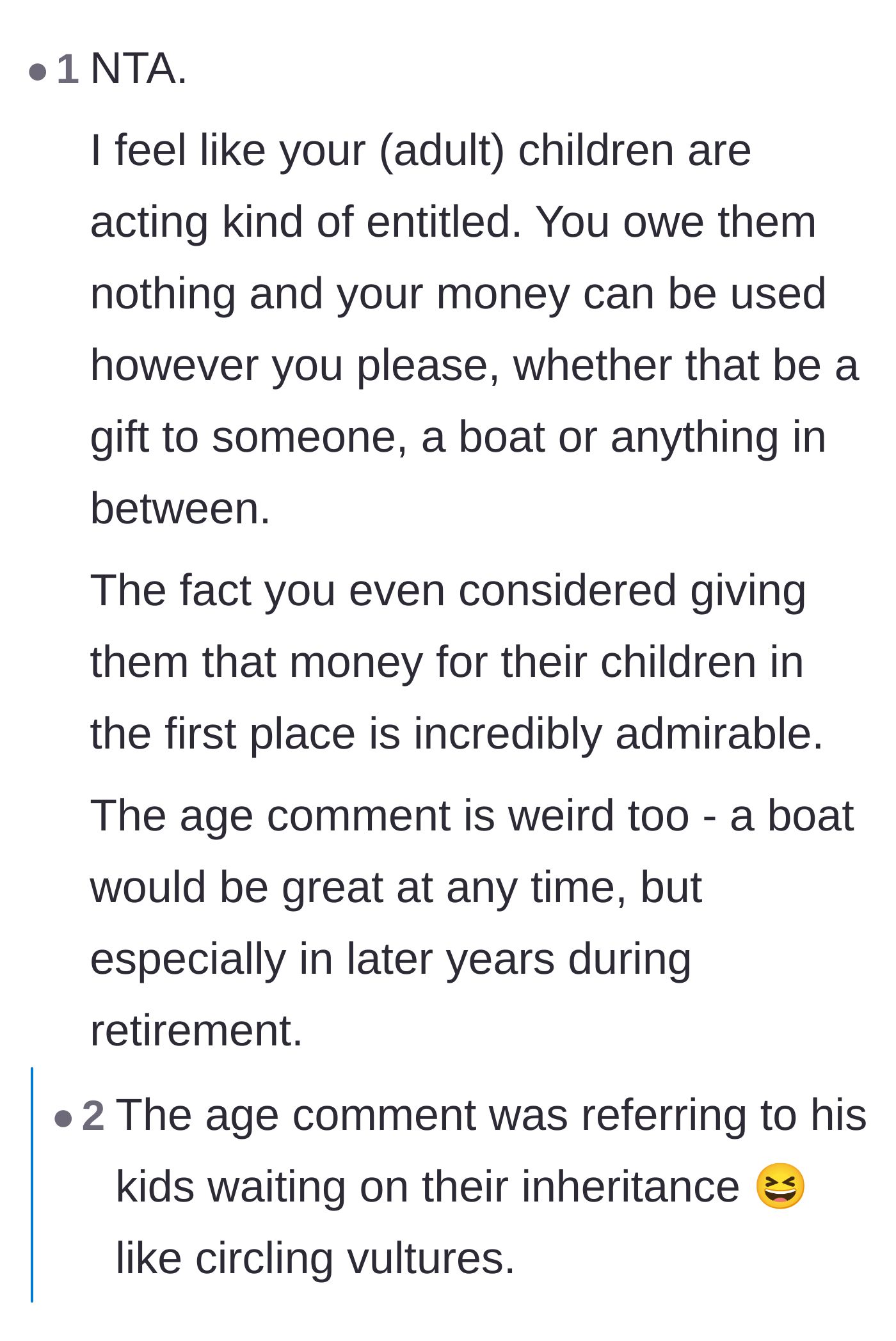 Comment thread 2 - Readers calling the children entitled vultures and sharing stories of supporting their own parents' lavish retirement purchases.