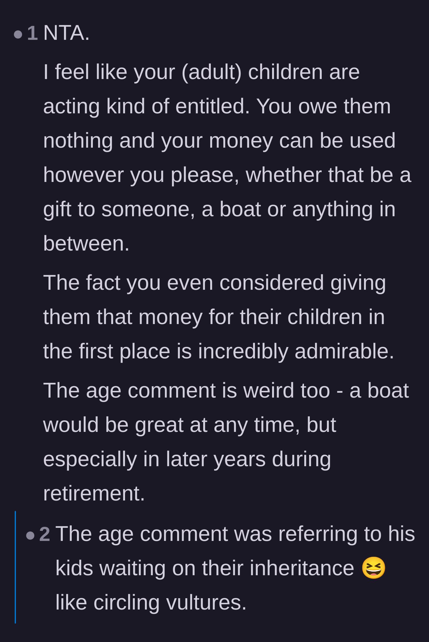 Comment thread 2 - Readers calling the children entitled vultures and sharing stories of supporting their own parents' lavish retirement purchases.