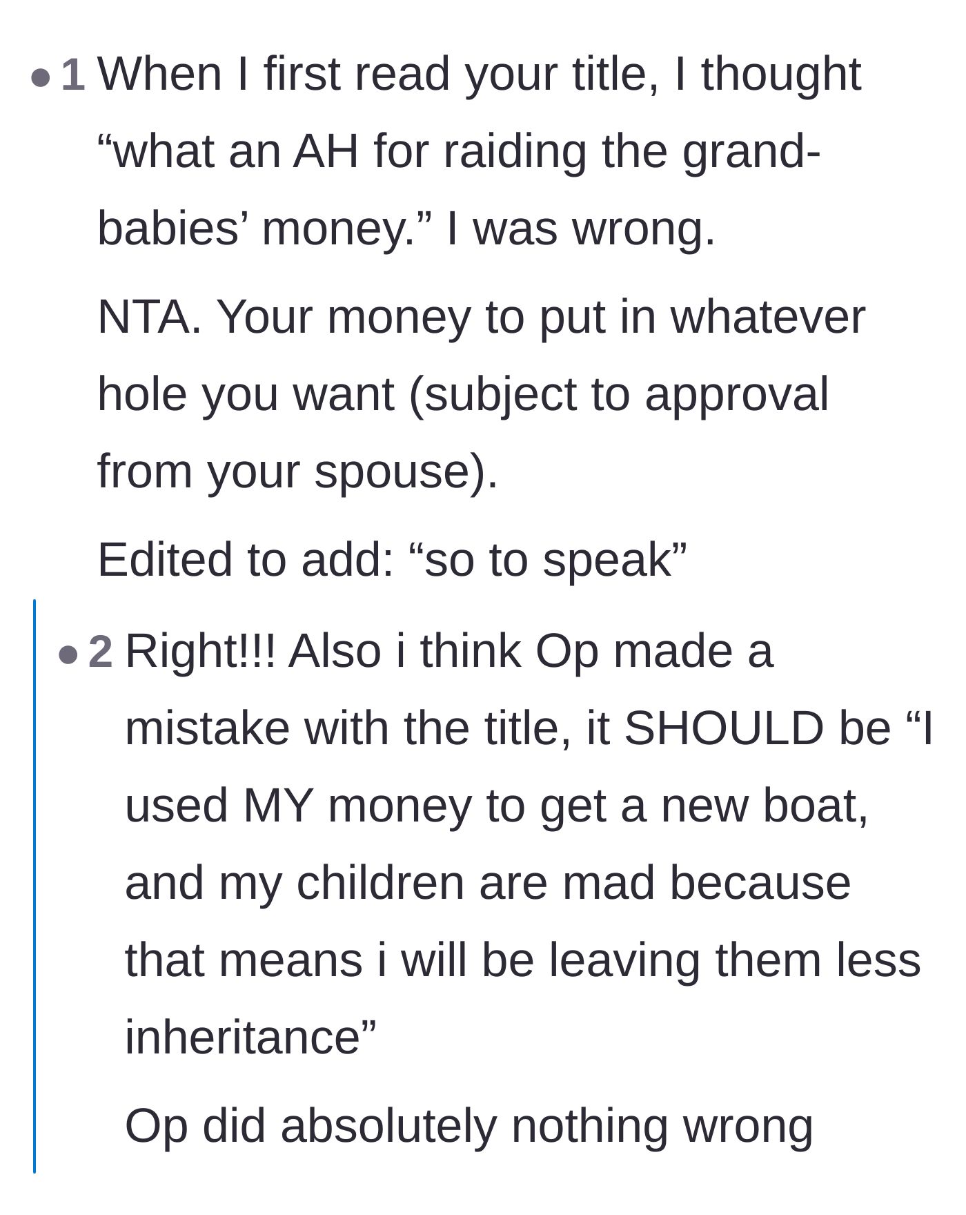 Comment thread 3 - Readers admitting the original title sounded bad before realizing the father was completely justified in his spending.
