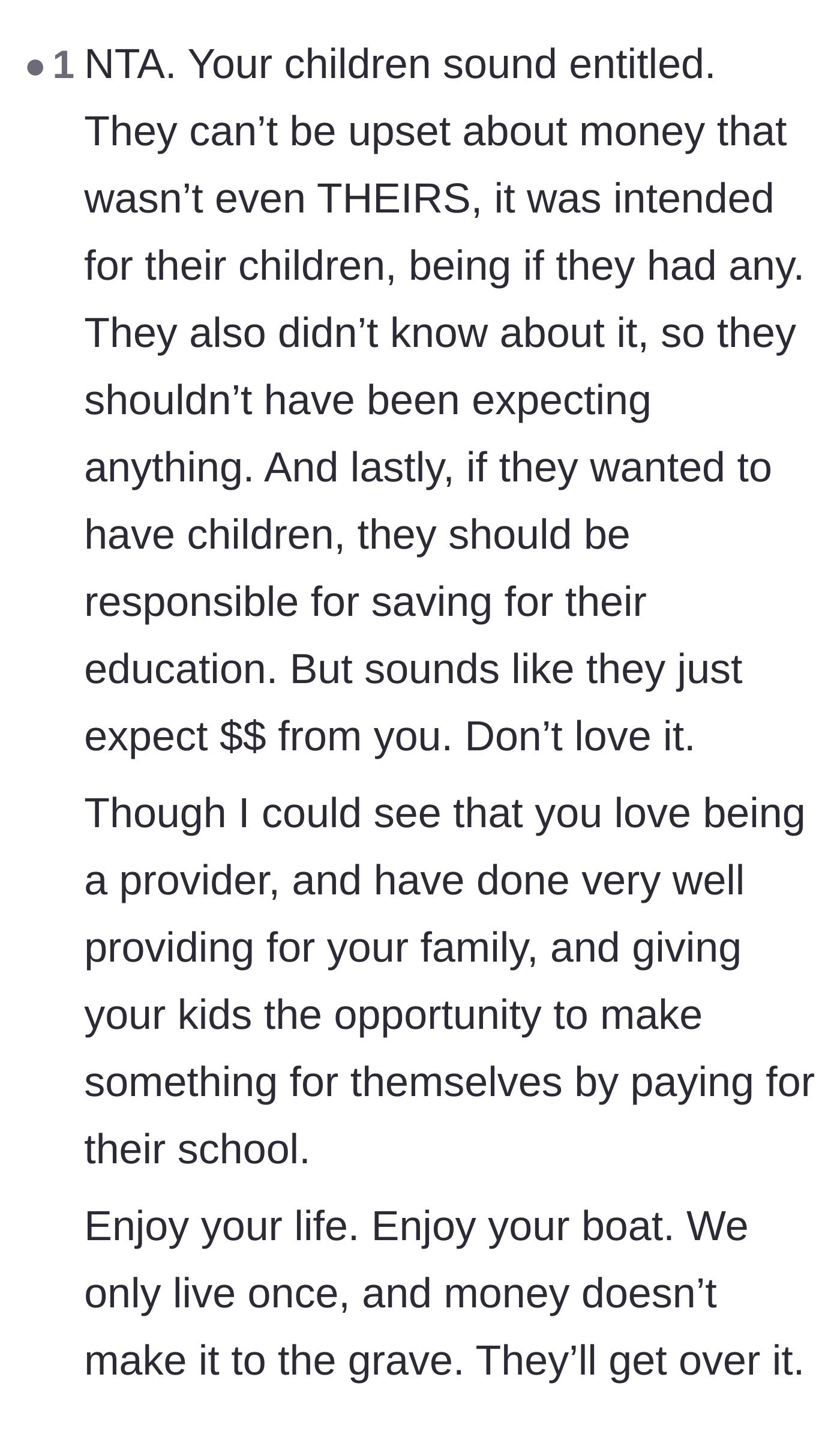 Comment thread 4 - Commentary pointing out the absurdity of the children being angry over a secret fund for kids they don't plan to have.