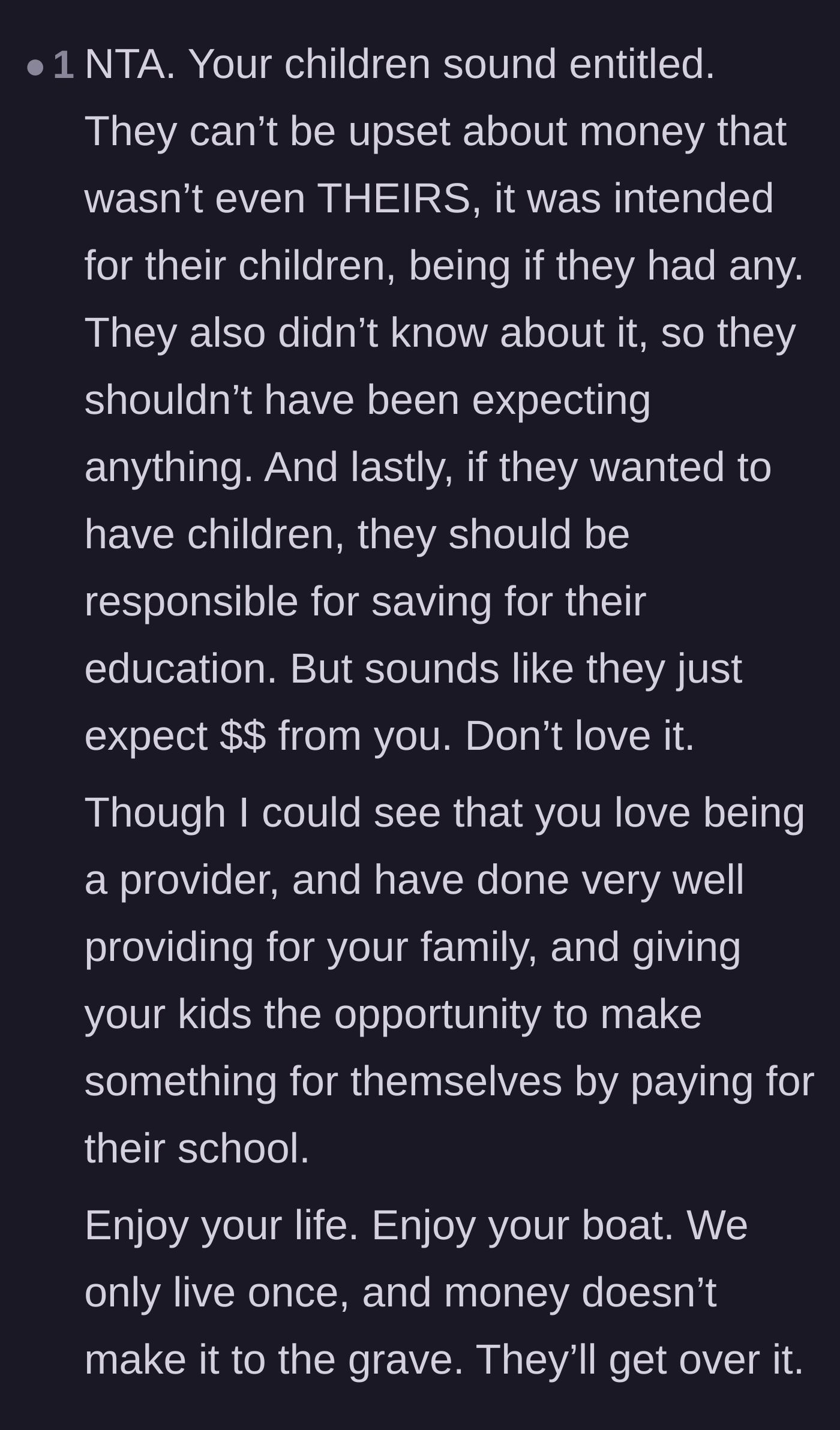 Comment thread 4 - Commentary pointing out the absurdity of the children being angry over a secret fund for kids they don't plan to have.