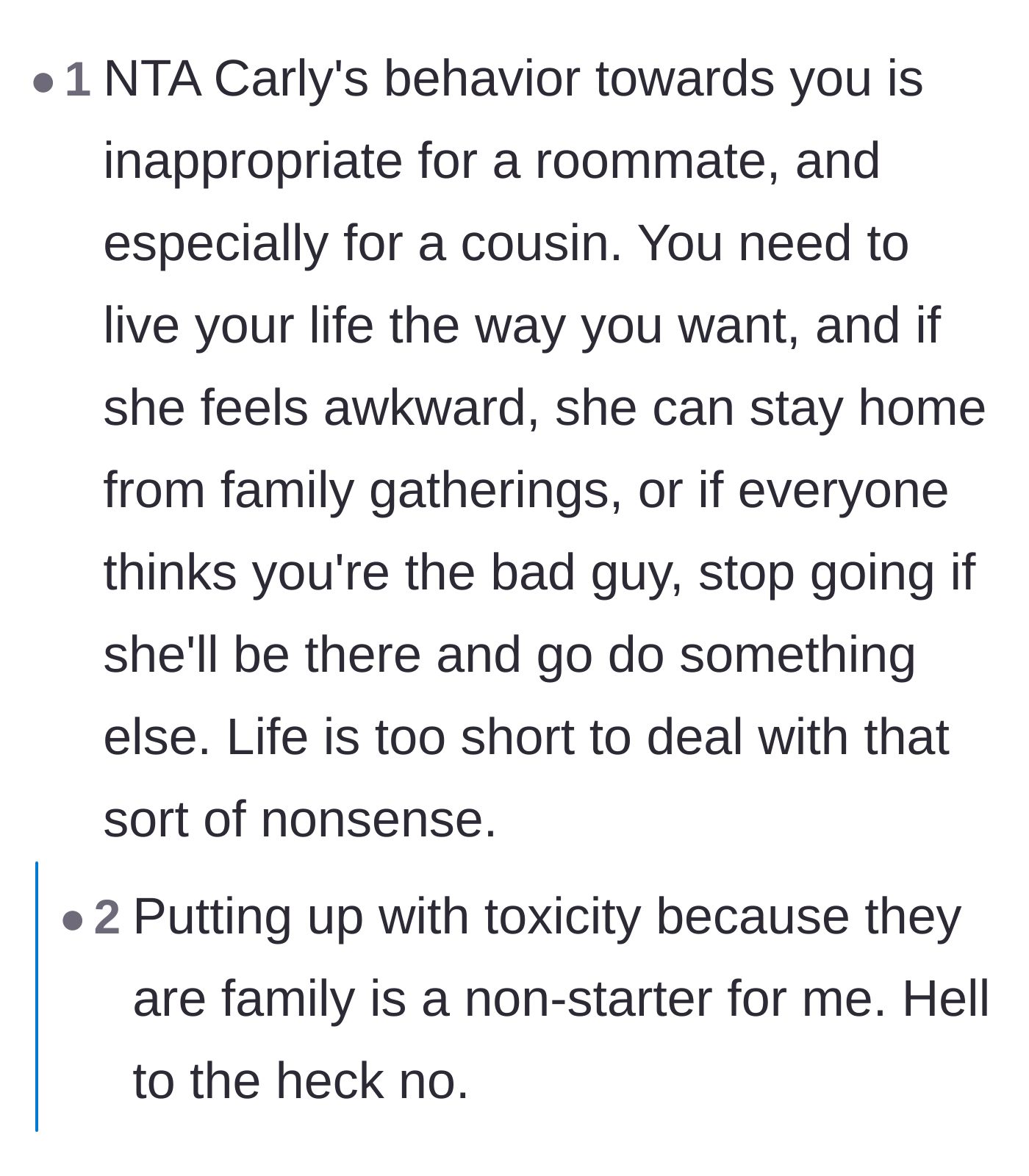 Comment thread 3 - Encouragement to stop attending family events altogether if the family continues catering to the cousin's demands.