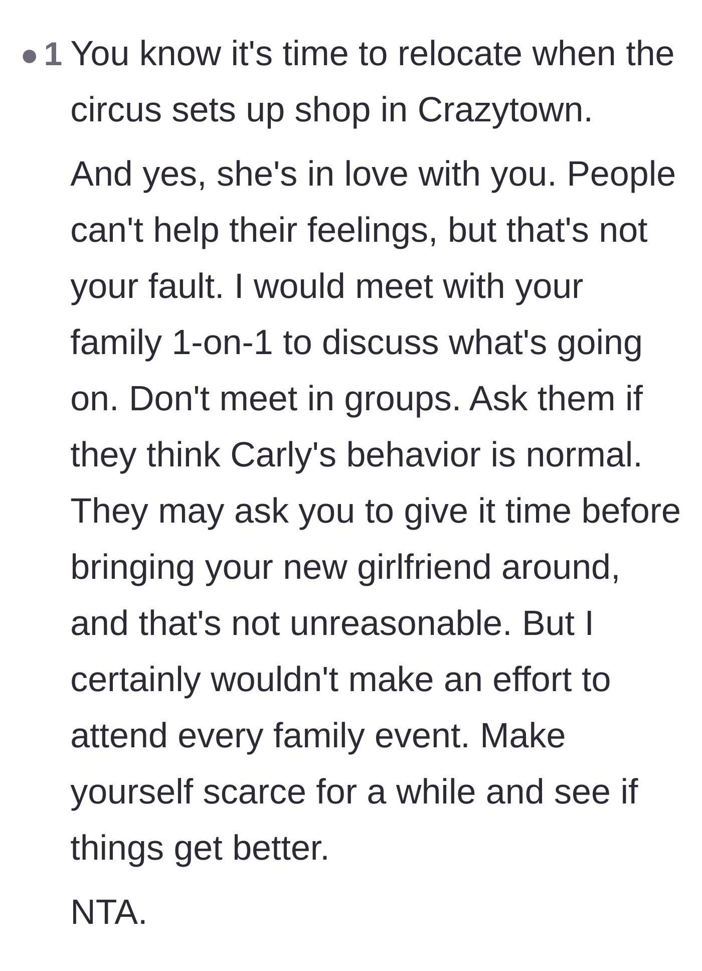 Comment thread 4 - Suggestion to meet family members one-on-one and avoid group gatherings until the drama settles down.