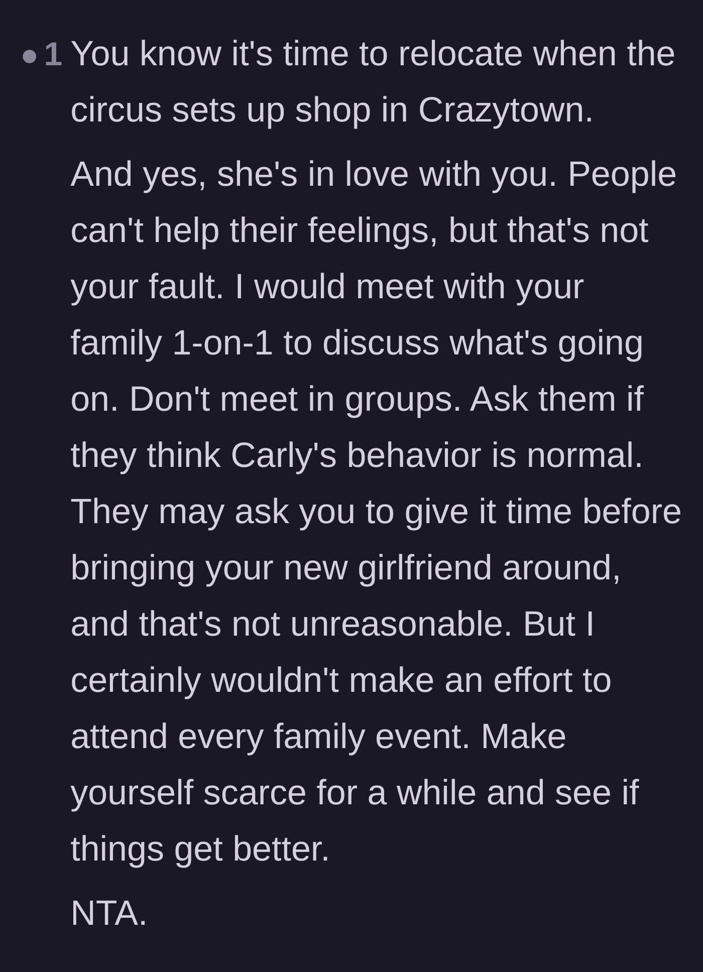 Comment thread 4 - Suggestion to meet family members one-on-one and avoid group gatherings until the drama settles down.